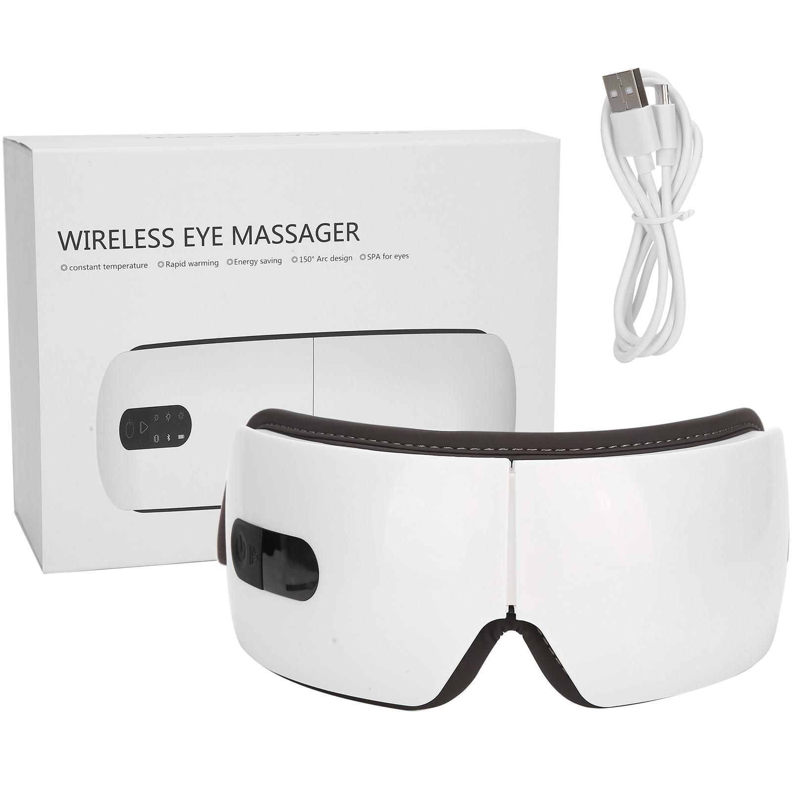 Ein weißer kabelloser Augenmassager mit einer Box und einem USB-Kabel. Der Massager ist weiß und schwarz, geformt wie eine Brille.