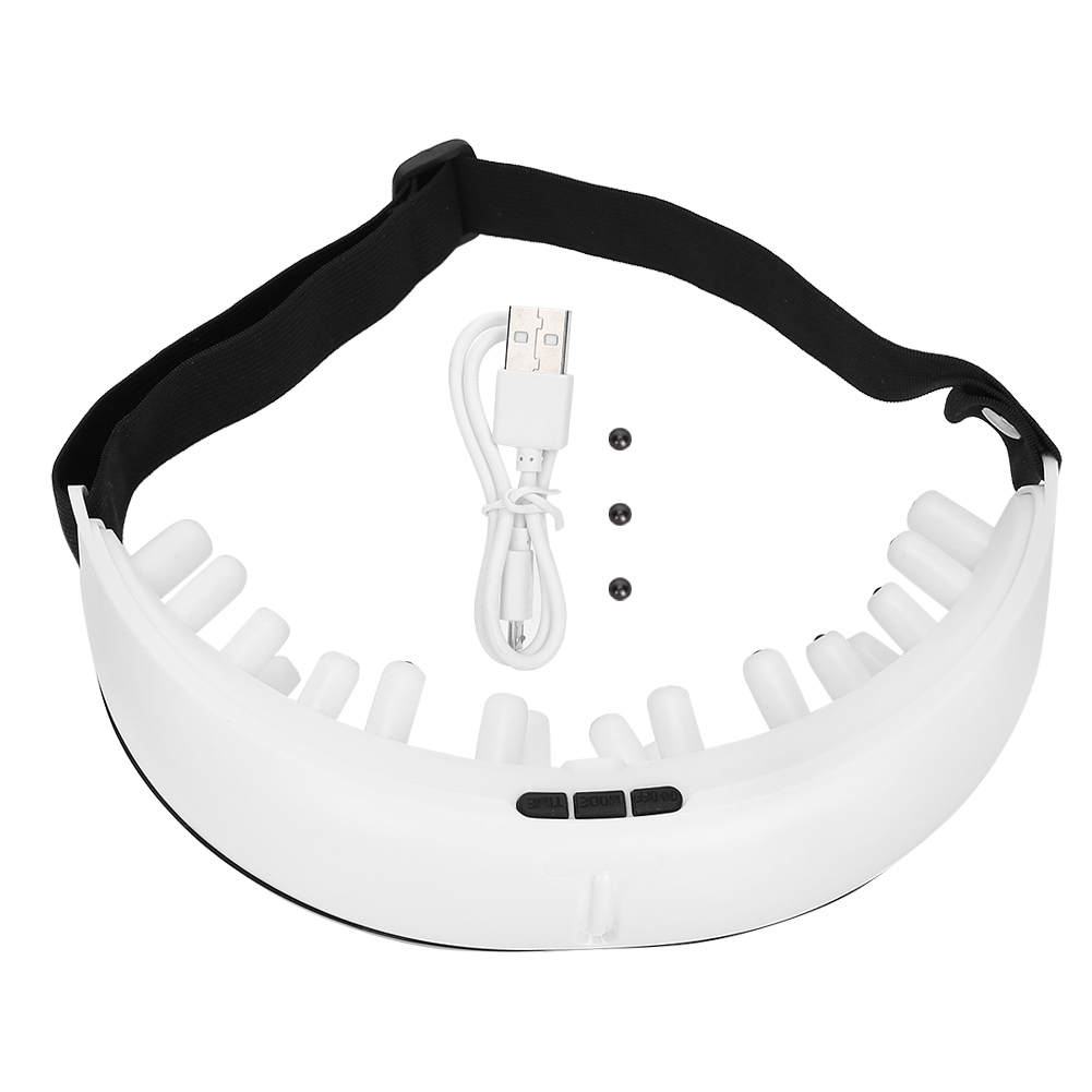 Ein weißes Gesichtsmassagegerät mit schwarzem Riemen, USB-Kabel und drei kleinen schwarzen Schrauben auf weißem Untergrund.