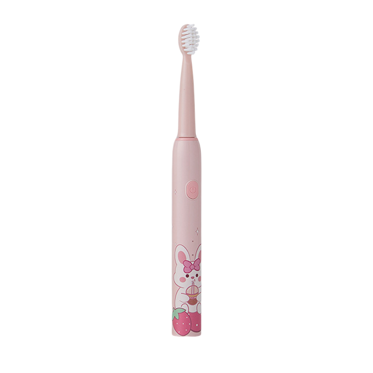 Eine rosa elektrische Zahnbürste mit Hasen- und Erdbeerdesign. Sie hat einen weißen Borstenkopf und einen Ein-/Ausschalter.