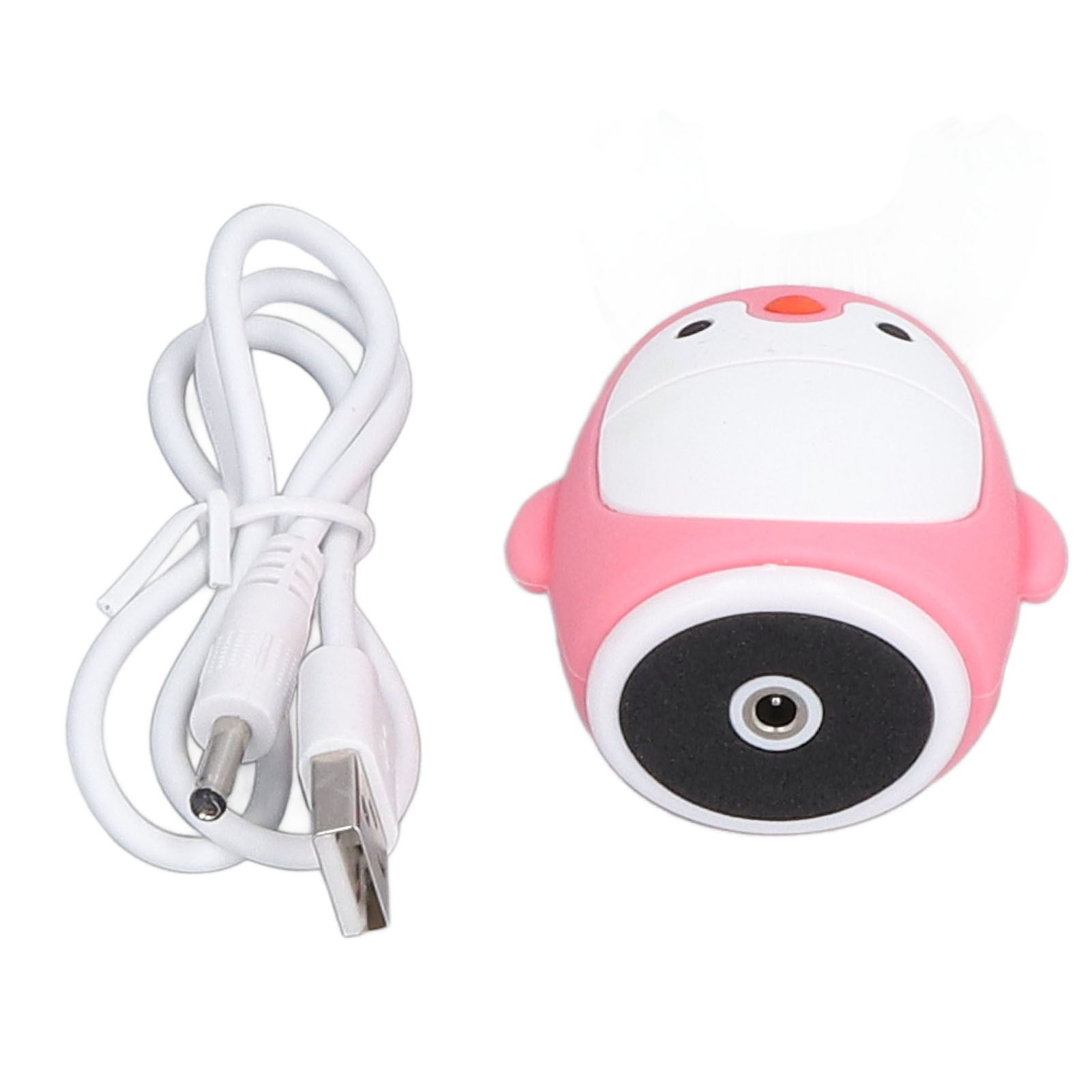 Eine rosa pinguinförmige Kamera mit weißem Kabel. Die Kamera hat eine schwarze Linse und eine weiße Vorderseite. Weißes Kabel links.