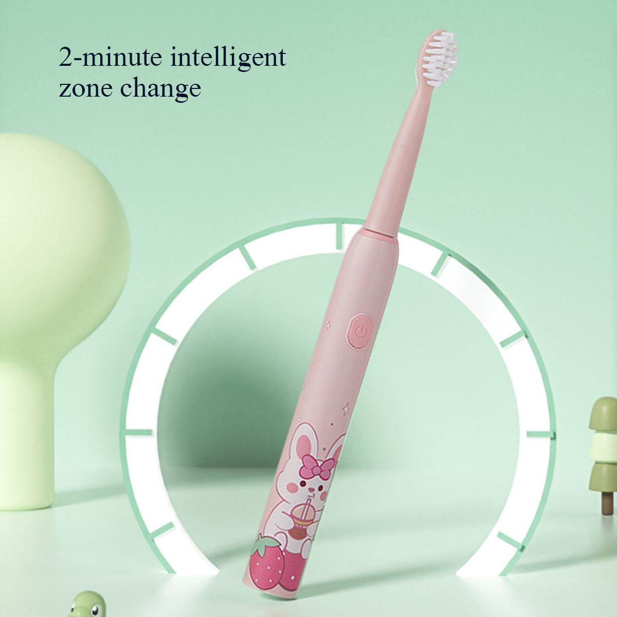 Rosa elektrische Zahnbürste mit Kaninchenmuster. Grüner Hintergrund mit weißem, uhrenähnlichem Design. Text: 2-Minuten intelligente Zonenänderung.
