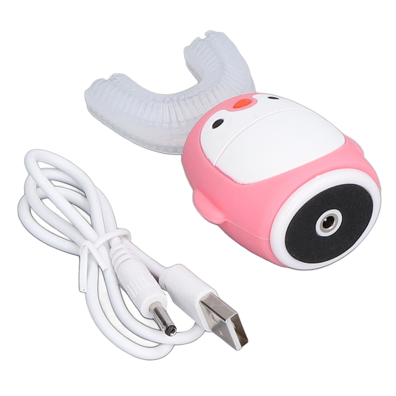 Eine rosa und weiße elektrische Zahnbürste in Pinguinform, ein weißes USB-Kabel und ein klarer Bürstenkopf.