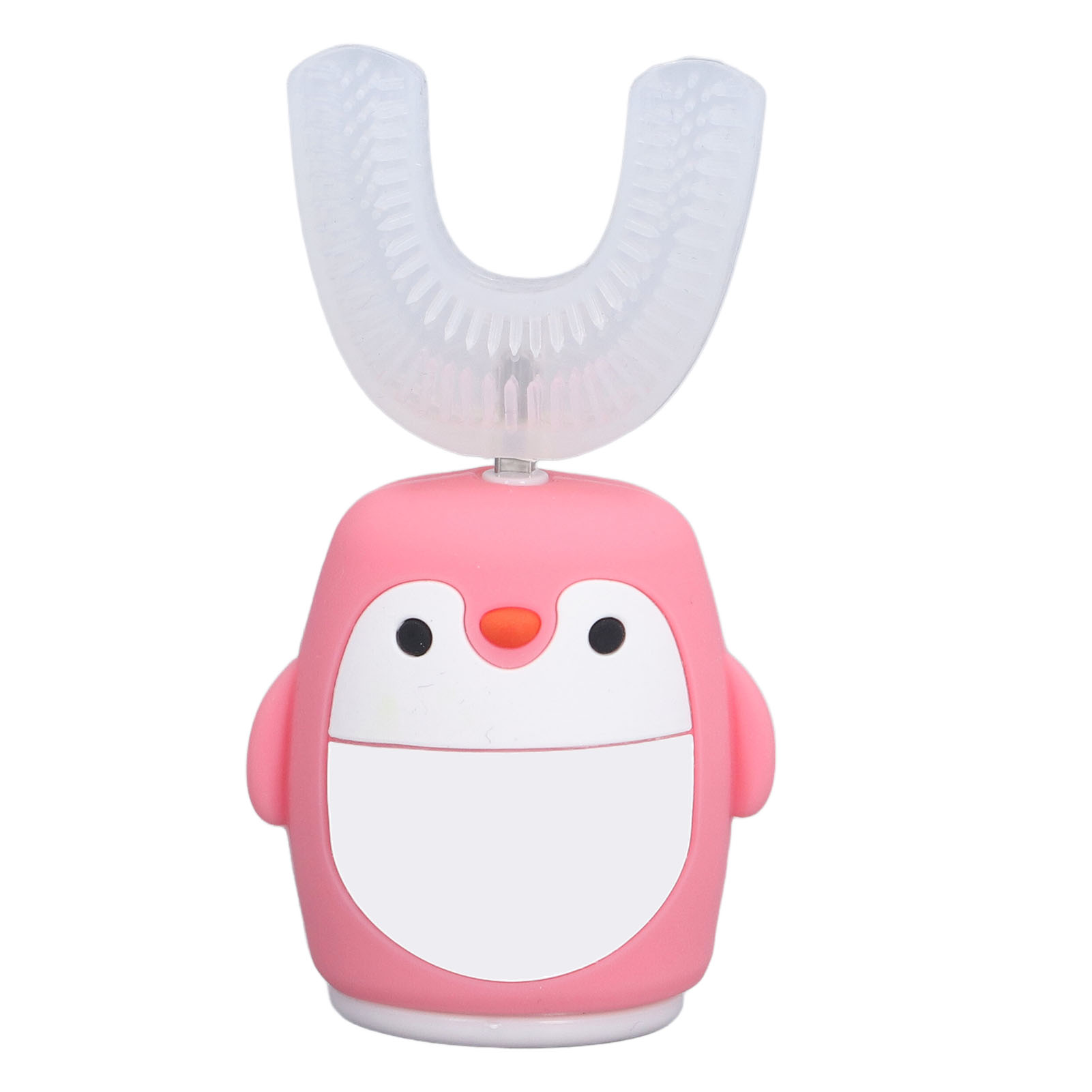 Eine rosa Pinguin-Zahnbürste mit U-förmigem Bürstenkopf. Sie hat schwarze Augen und eine orangefarbene Nase. Der Hintergrund ist weiß.