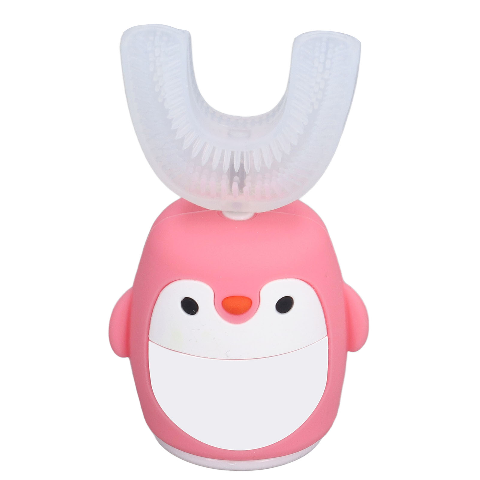 Rosa pinguinförmige Zahnbürste mit weißem U-förmigen Bürstenkopf. Schwarze Augen, oranger Schnabel und weißer Bauch.