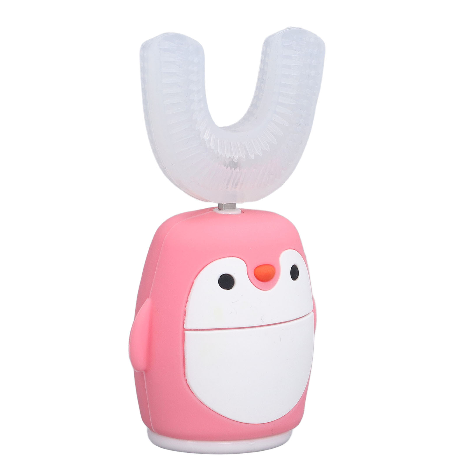 Eine rosa Pinguin-Zahnbürste mit U-förmigem Bürstenkopf. Sie hat schwarze Augen und einen orangenen Schnabel, auf weißem Hintergrund.
