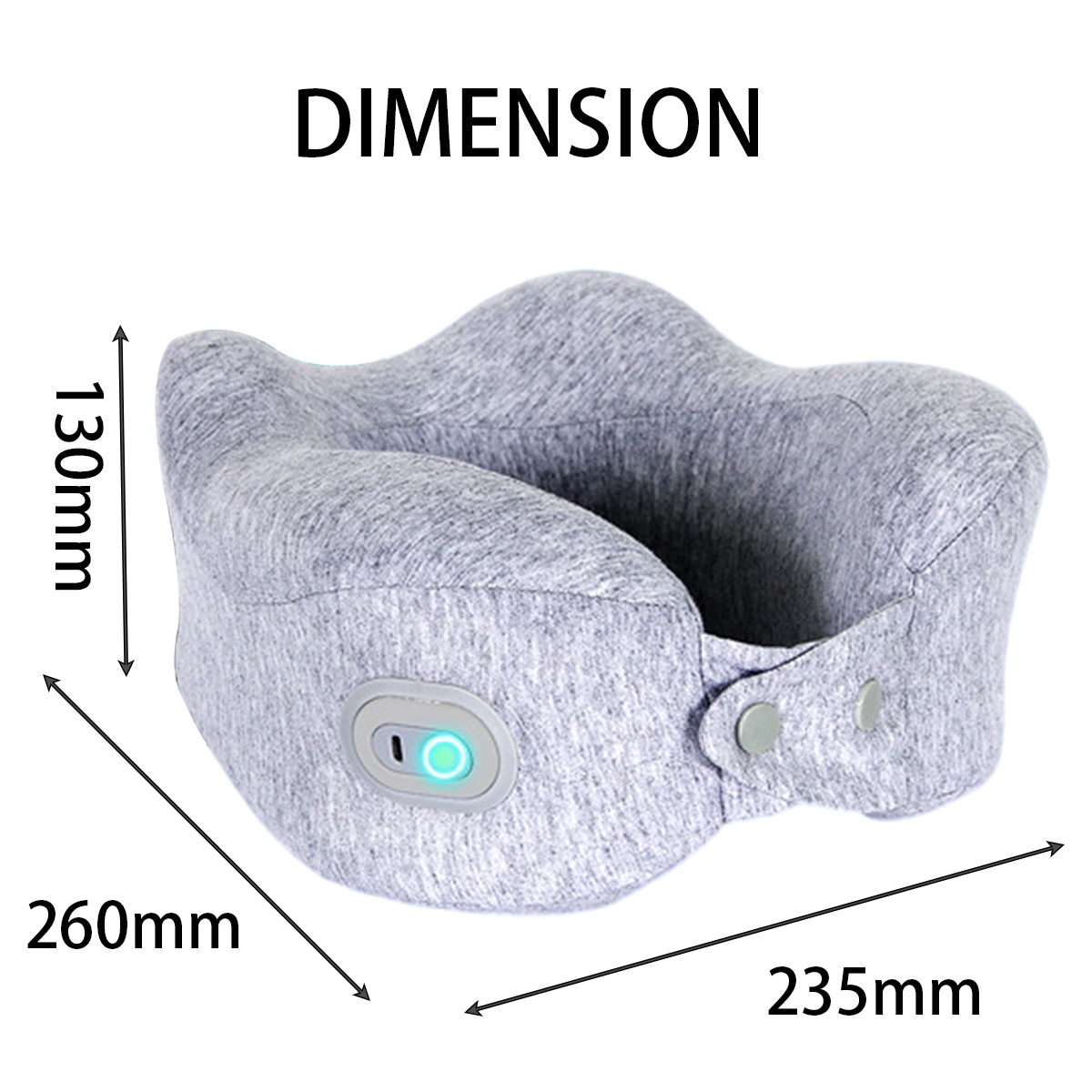 Ein graues Nackenkissen mit Größenangaben. Text lautet 'DIMENSION'. Maße: 130 mm, 260 mm und 235 mm. Es hat ein Bedienfeld.