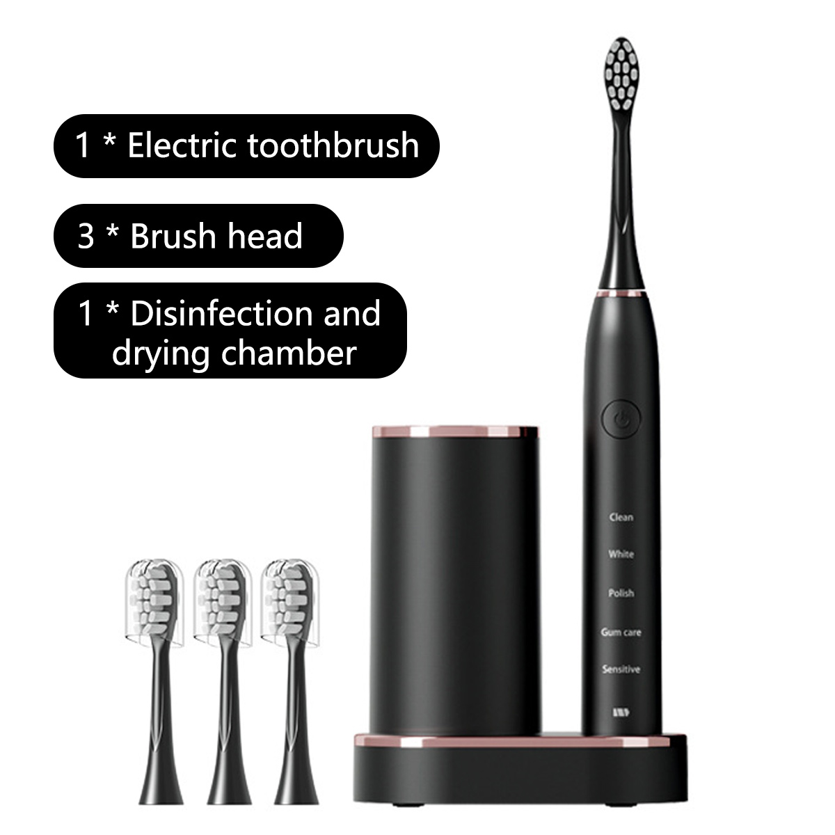 Schwarze elektrische Zahnbürste mit drei Bürstenköpfen und einer Desinfektionskammer. Etiketten: Clean, White, Polish, Gum care, Sensitive.