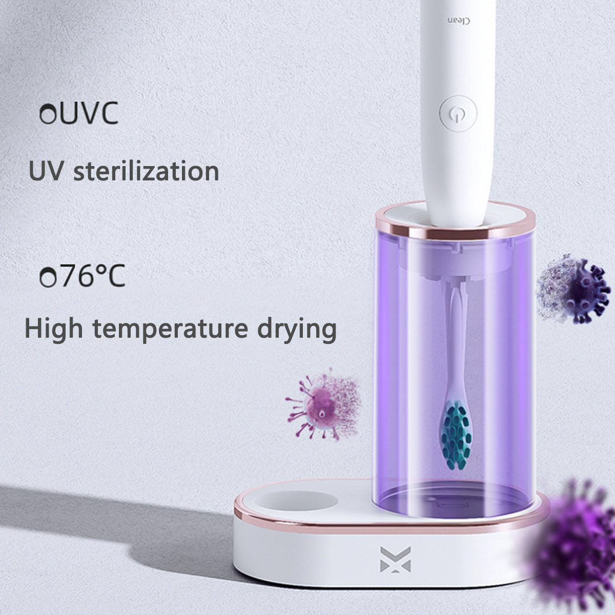 Eine weiße und goldene Zahnbürste in einem violetten Sterilisator mit Text über UV-Sterilisation und Hochtemperaturtrocknung und Viren.