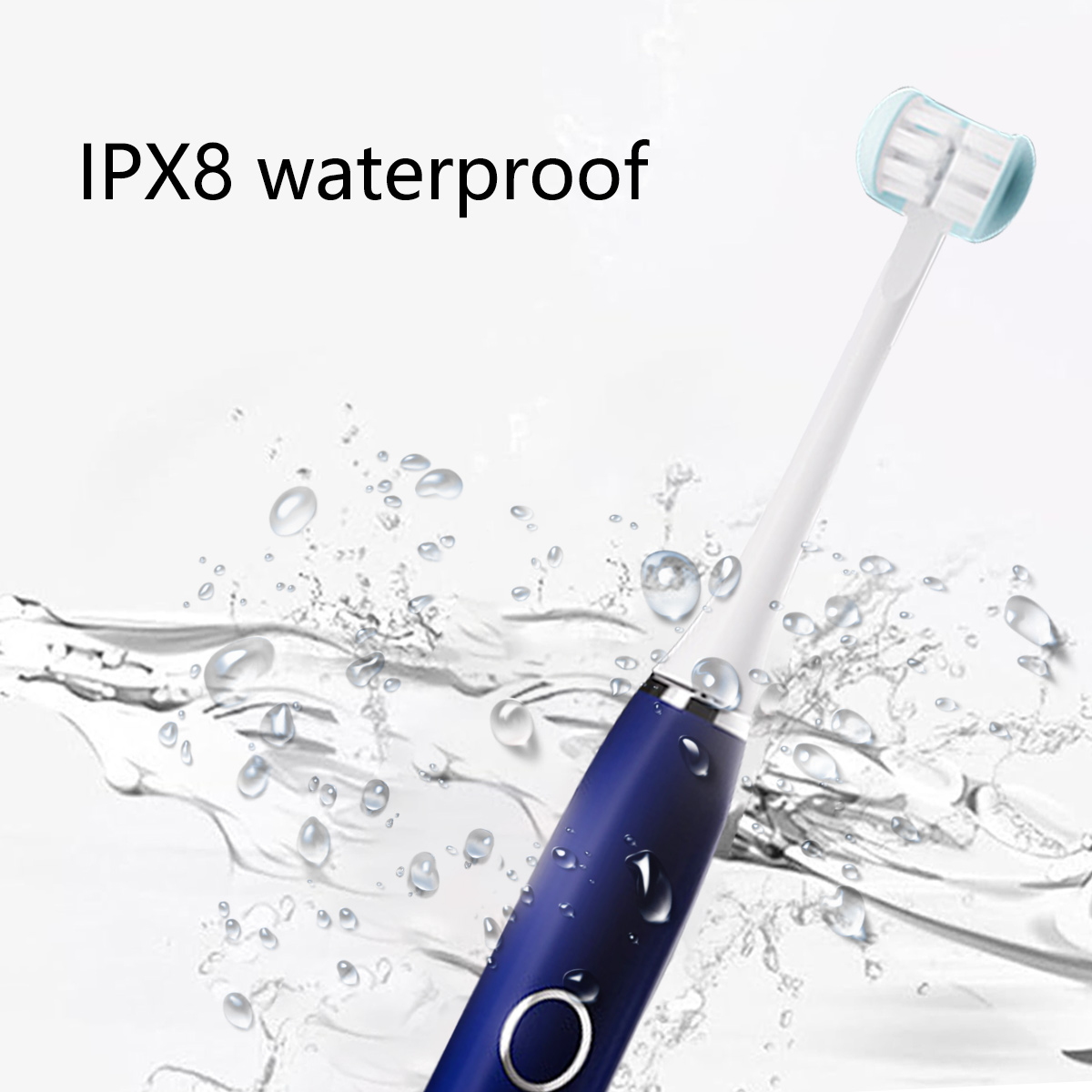 Eine elektrische Zahnbürste, blauer Griff, weißer Hals und ein doppelköpfiger Bürstenkopf. Wassertropfen und der Text 'IPX8 wasserdicht' sind sichtbar.