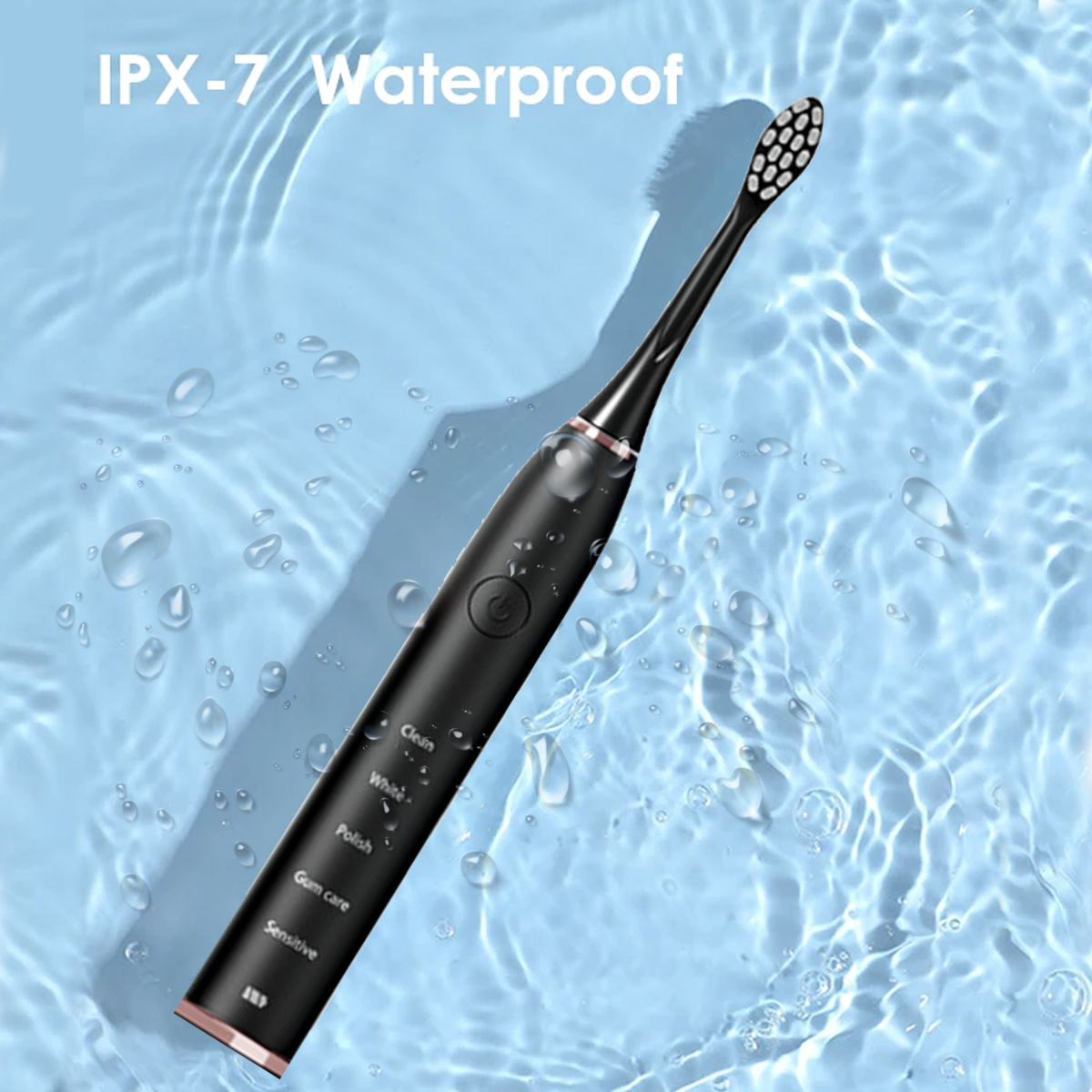 Eine schwarze elektrische Zahnbürste liegt im Wasser. Der Text 'IPX-7 Waterproof' steht oben. Die Bürste hat Reinigungsmodi und ist schwarz.