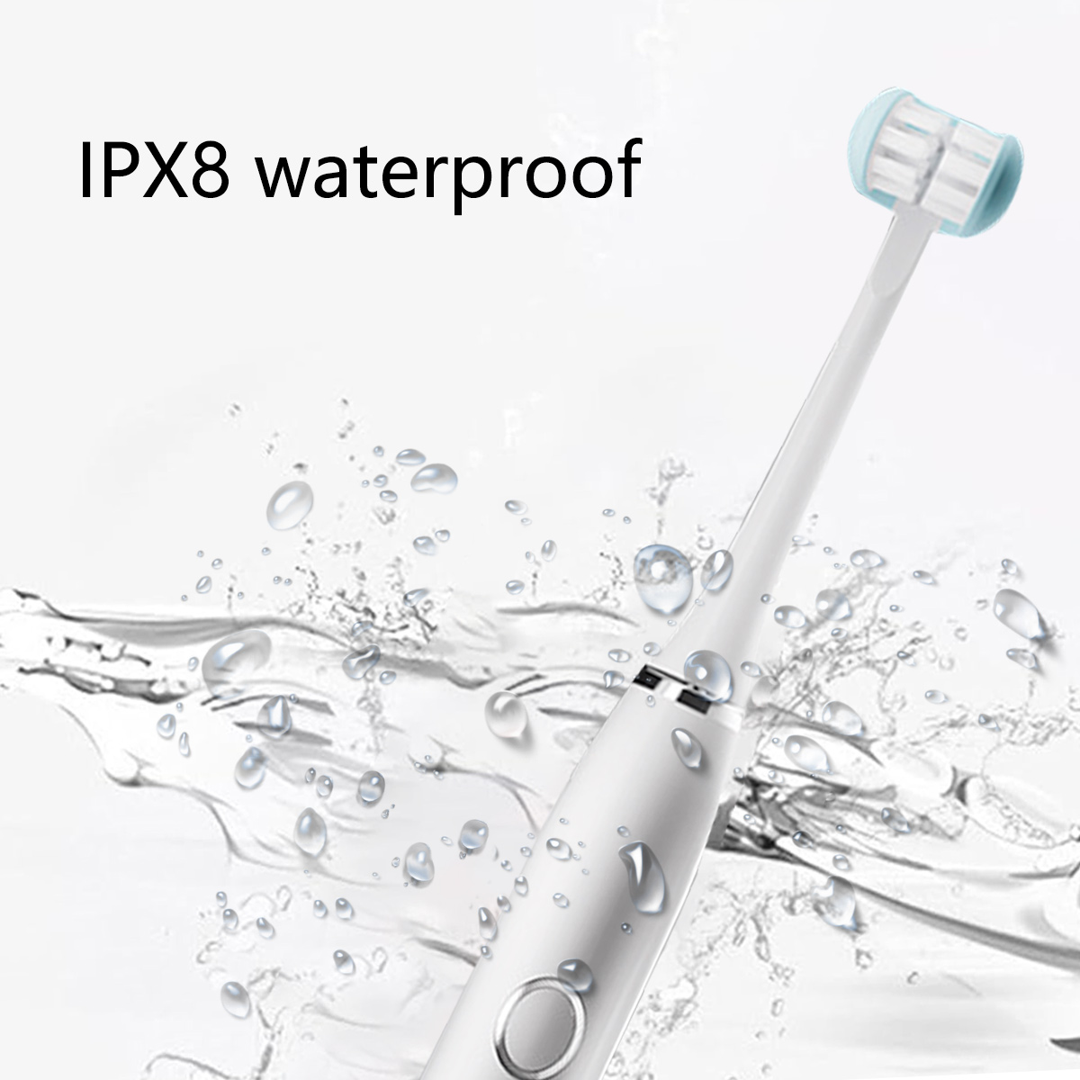 Eine weiße elektrische Zahnbürste mit blauem Bürstenkopf wird im Wasser gezeigt. Oben steht 'IPX8 wasserdicht'.