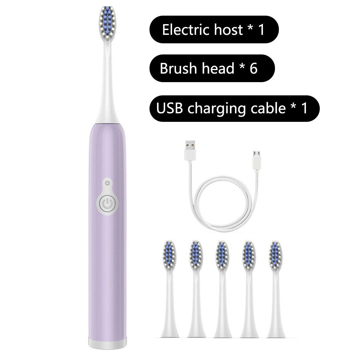 Eine lila elektrische Zahnbürste, sechs Bürstenköpfe und ein USB-Ladekabel werden auf weißem Hintergrund angezeigt.