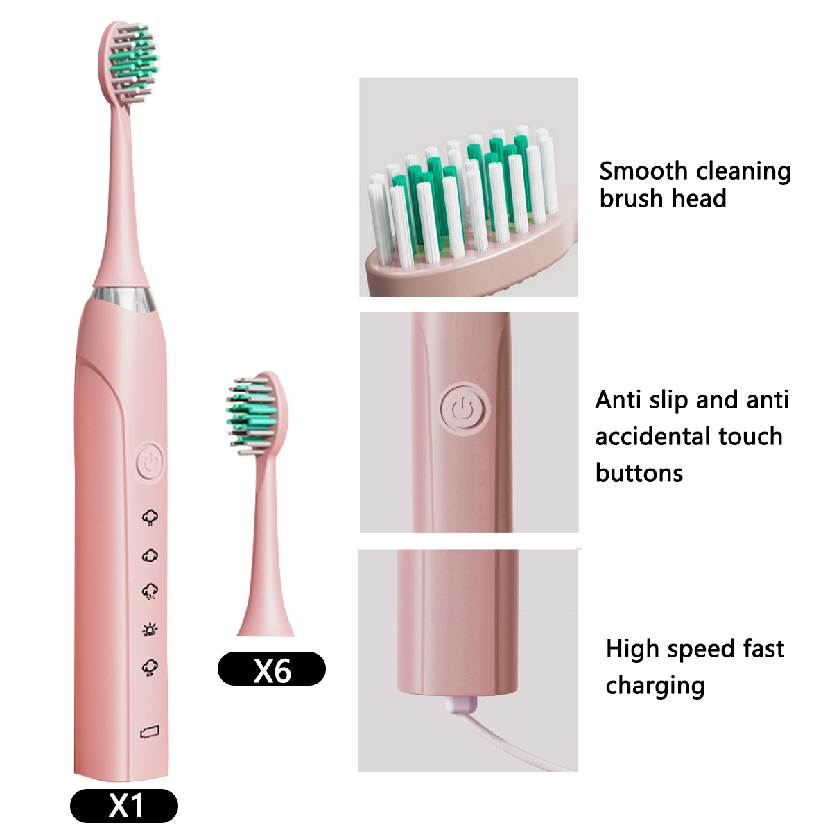 Eine rosa elektrische Zahnbürste mit Ersatzkopf und Details zum Bürstenkopf, den Knöpfen und dem Ladeanschluss.