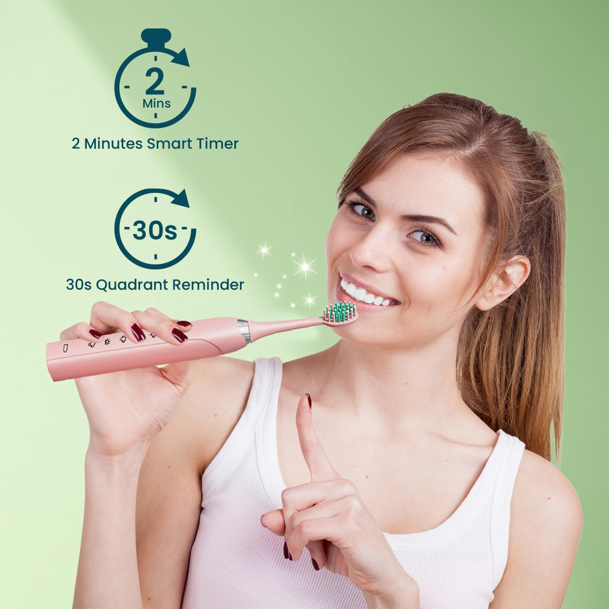 Eine Frau putzt sich mit einer rosa elektrischen Zahnbürste die Zähne. Es gibt Symbole für einen 2-Minuten-Timer und eine 30-Sekunden-Quadrantenerinnerung.