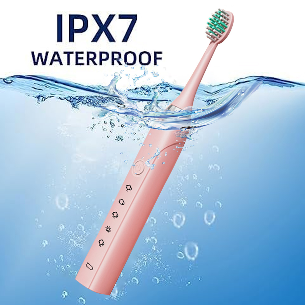 Eine rosa elektrische Zahnbürste unter Wasser, mit Wassertropfen und -spritzern. Der Text 'IPX7 WATERPROOF' steht oben.