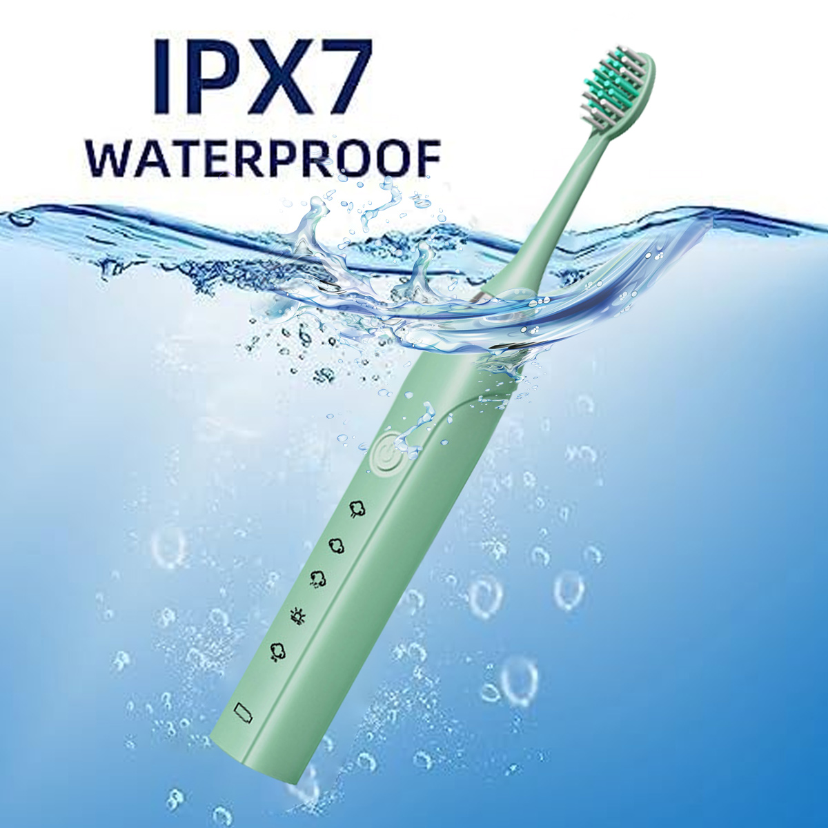 Grüne elektrische Zahnbürste unter Wasser mit Blasen. Der Text 'IPX7 WATERPROOF' ist über der Zahnbürste zu sehen.