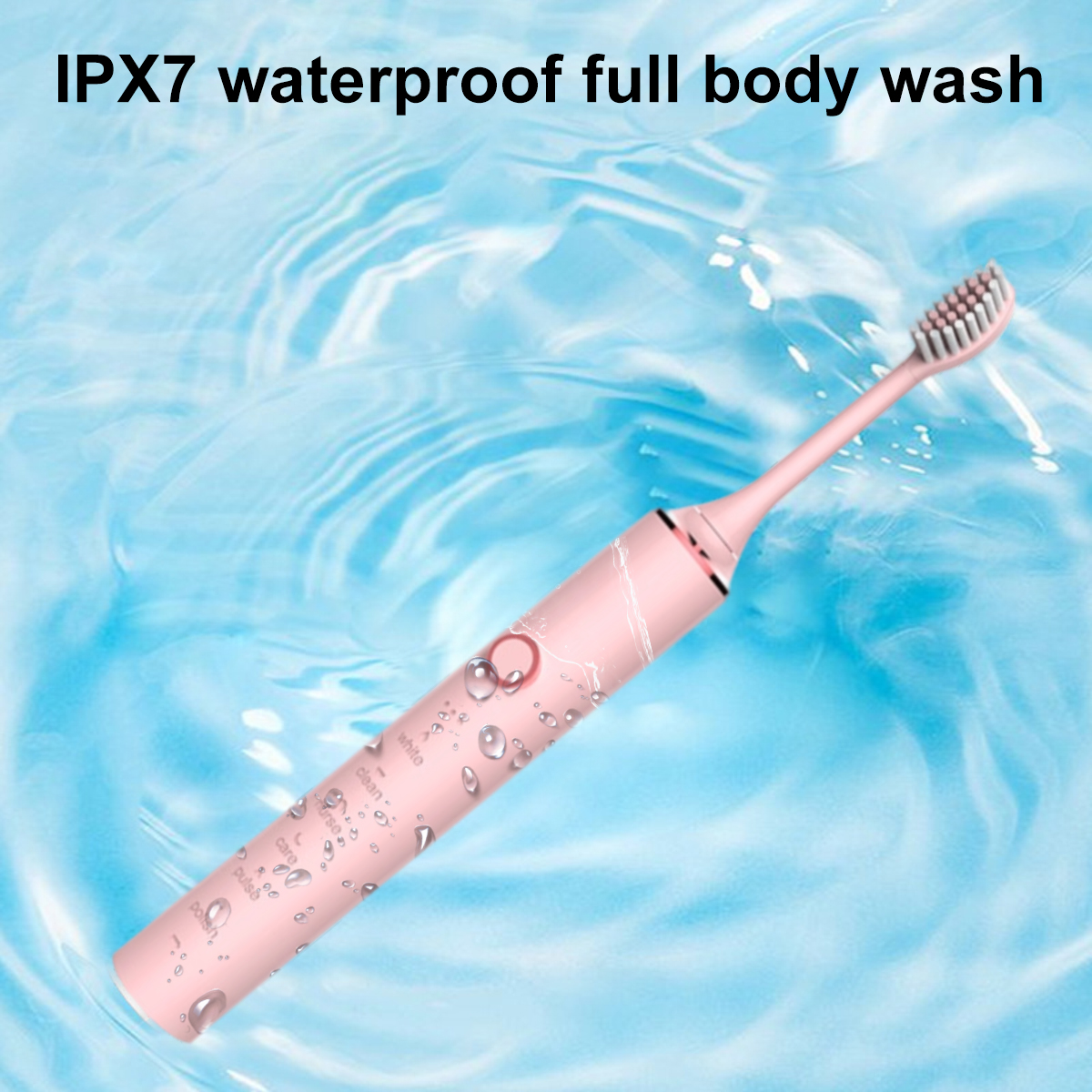 Rosa elektrische Zahnbürste mit Wassertropfen vor blauem Wasserhintergrund. Der Text lautet 'IPX7 wasserdichte Ganzkörperwäsche'.