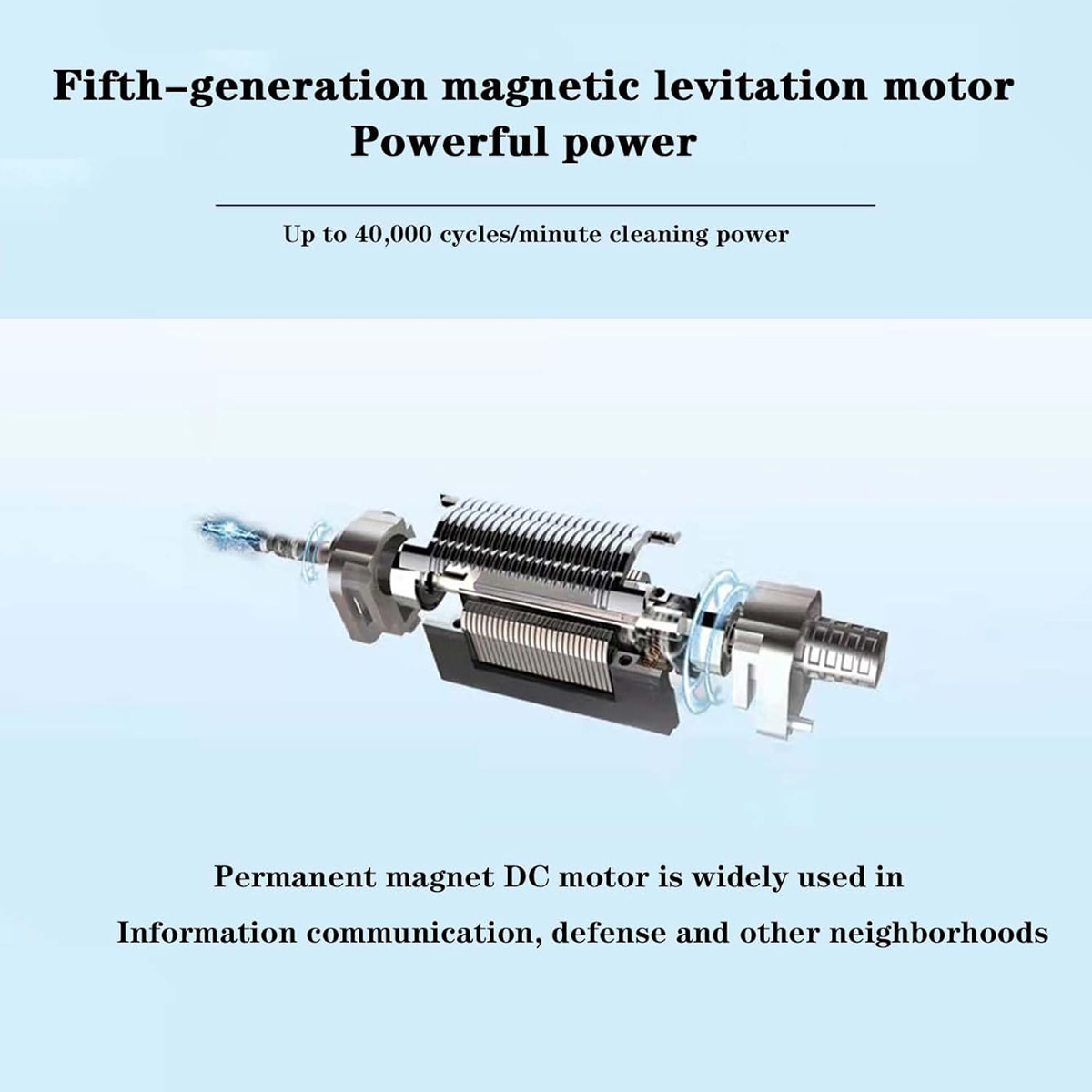 Ein Diagramm eines Magnetmotors der fünften Generation. Text beschreibt Leistung und Verwendung, einschließlich Info, Verteidigung und Kommunikation.