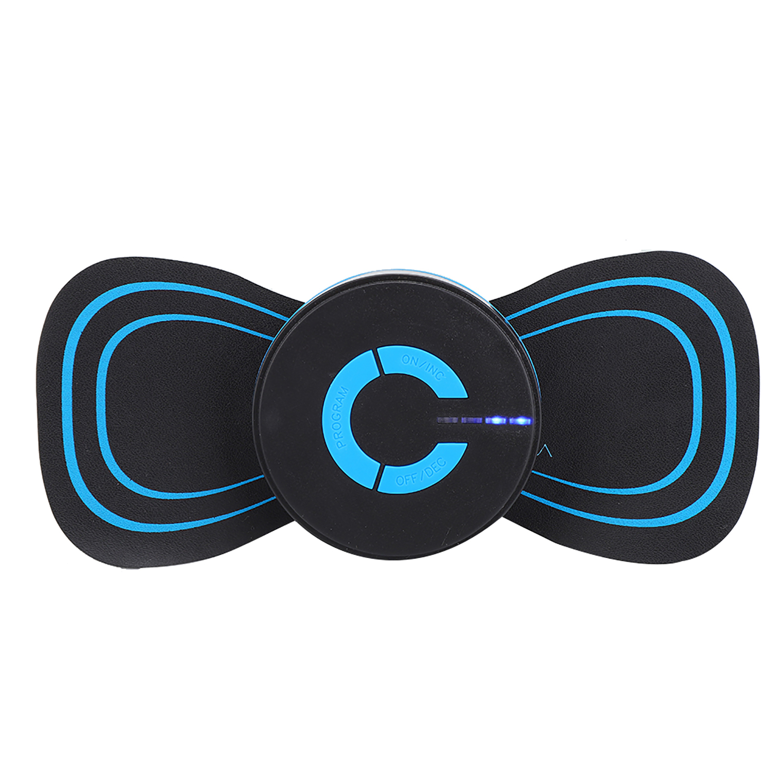 Ein elektrischer Muskelstimulator mit einer zentralen Steuereinheit und zwei schmetterlingsförmigen Pads, schwarz mit blauen Akzenten.