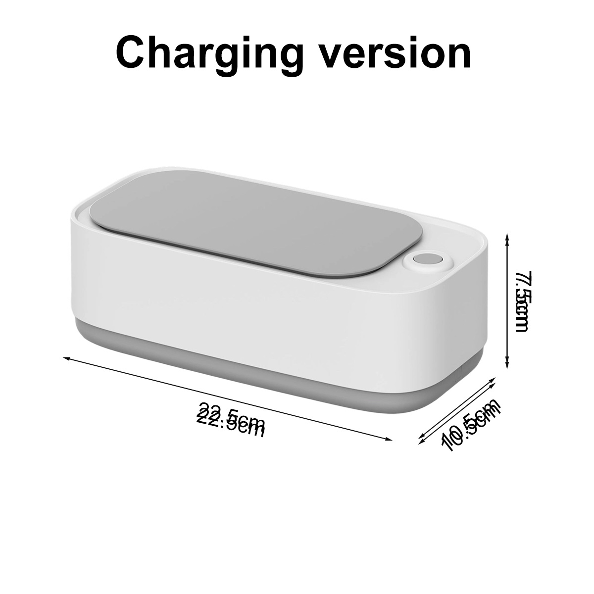 Weiß-grauer Ultraschallreiniger mit Maßangaben. Oben steht 'Charging version'.