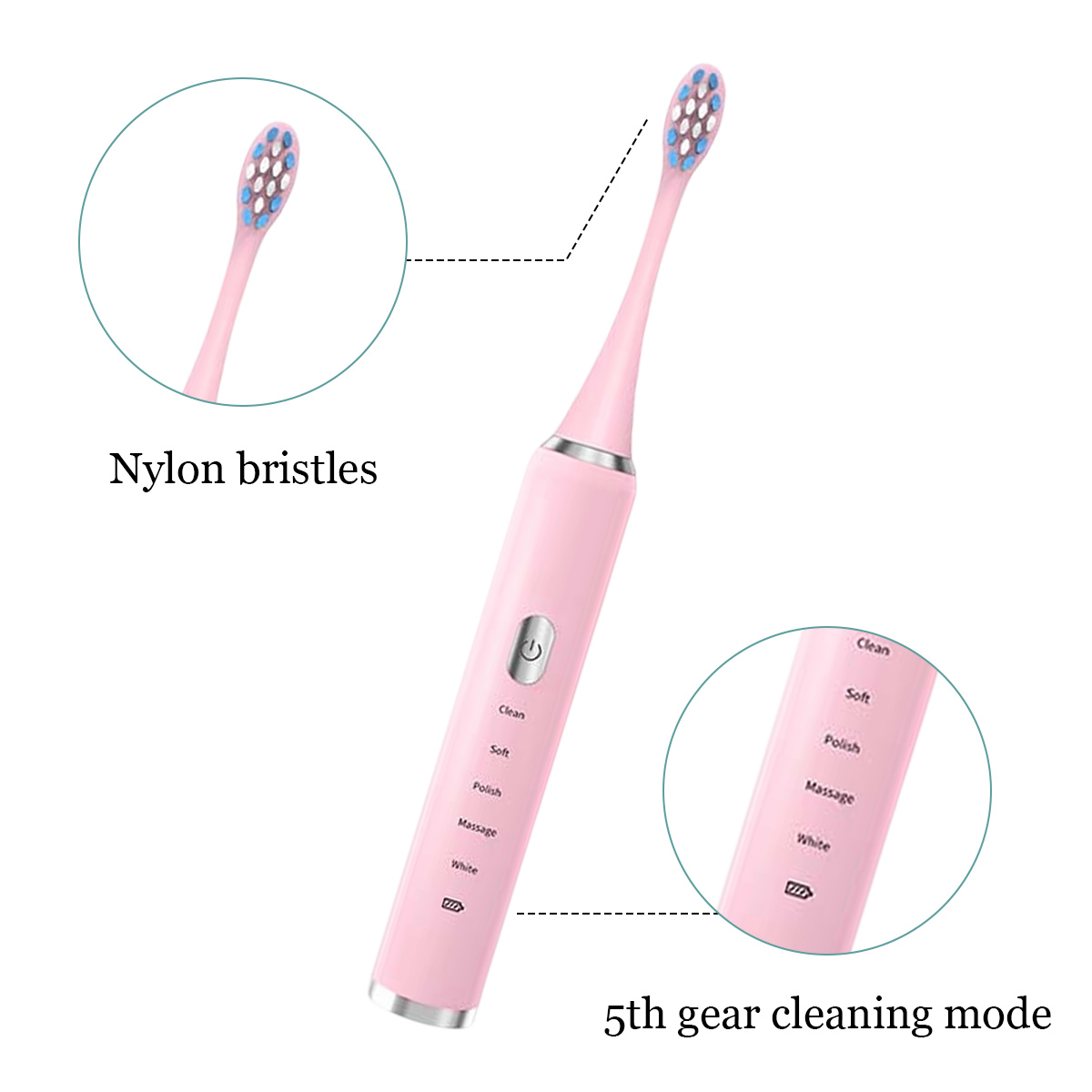 Eine rosa elektrische Zahnbürste mit Nylonborsten. Sie hat Reinigungsmodi: Clean, Soft, Polish, Massage, White. Es ist der 5. Gang Reinigungsmodus.
