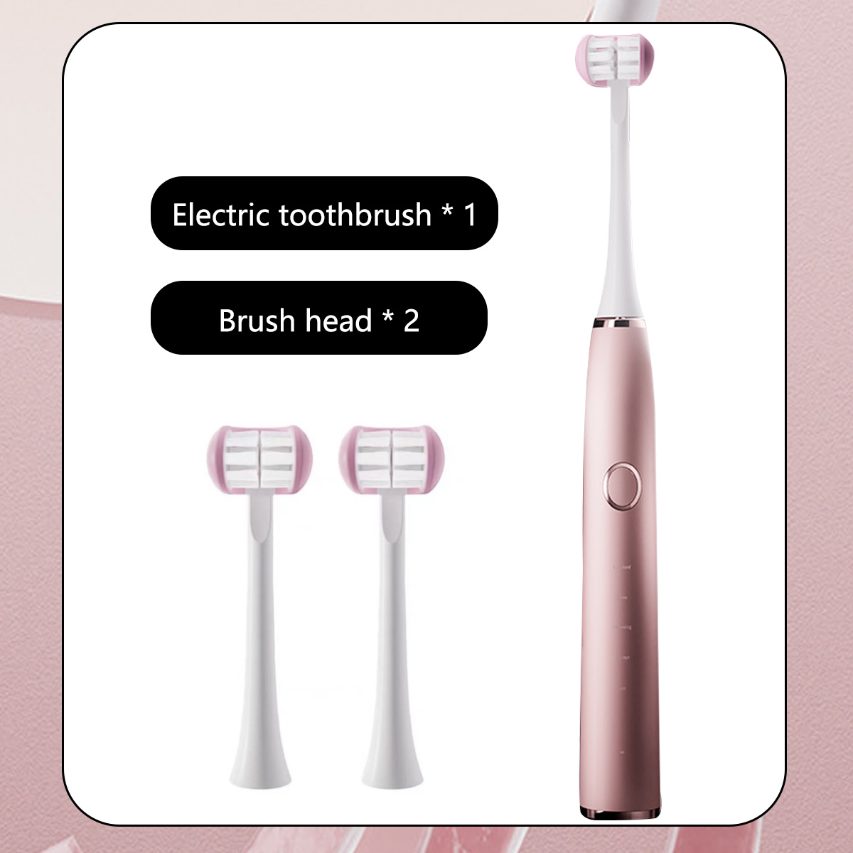 Eine rosa elektrische Zahnbürste und zwei Bürstenköpfe werden angezeigt. Text zeigt 'Elektrische Zahnbürste * 1' und 'Bürstenkopf * 2'.