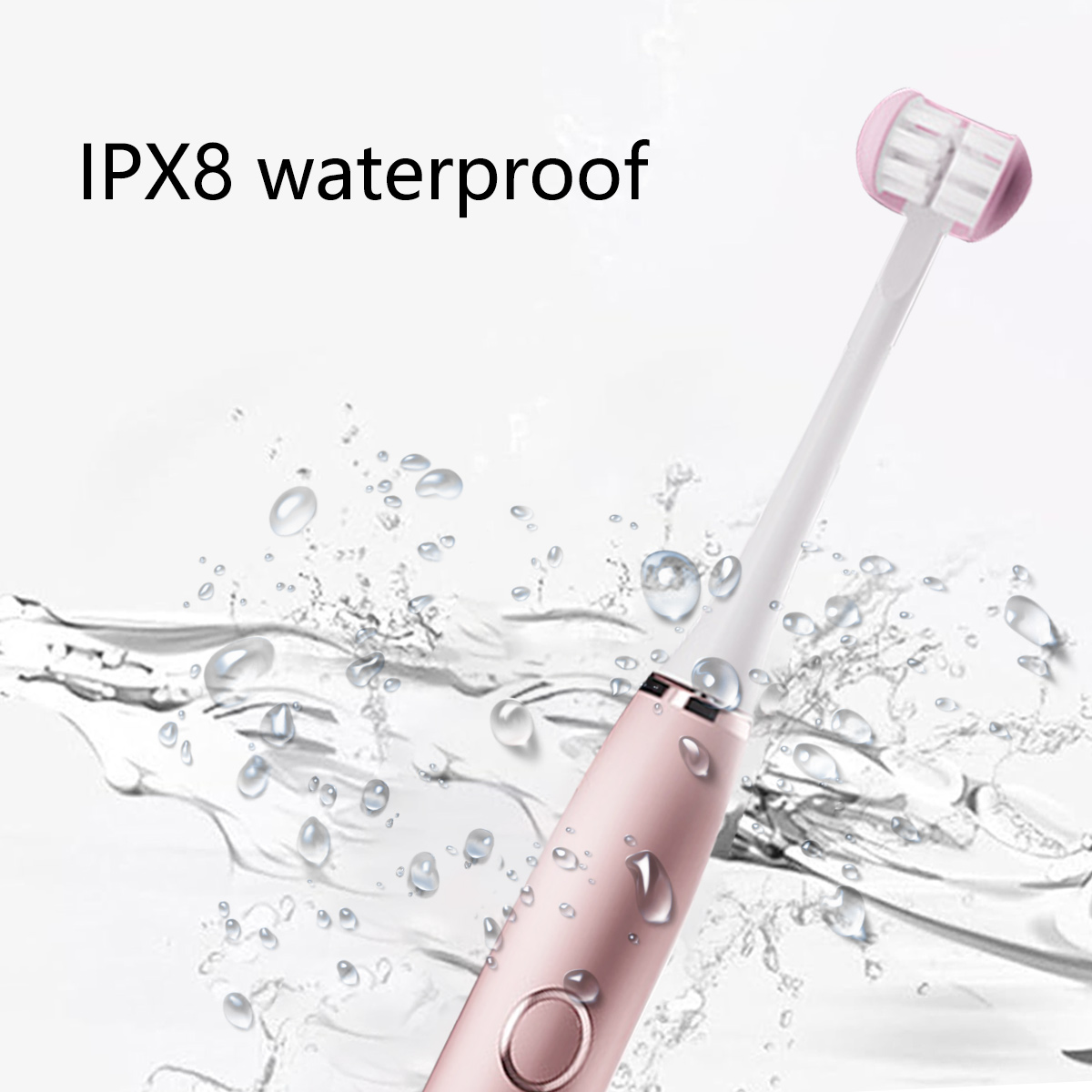 Eine rosa elektrische Zahnbürste mit Wassertropfen. Der Text 'IPX8 wasserdicht' steht oben links.