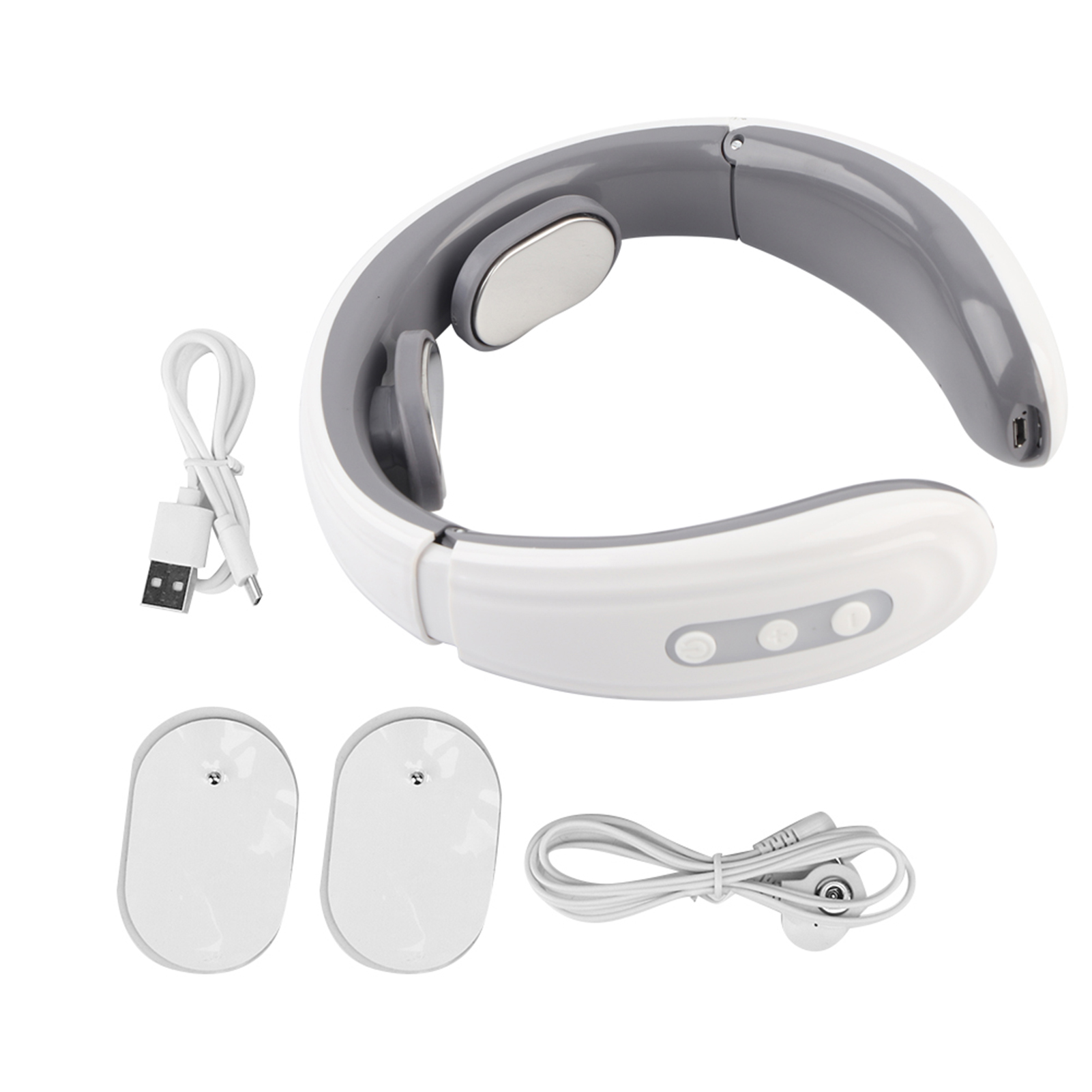 Nackenmassagegerät mit grau-weißem Design. Enthält USB-Kabel, Pads und ein Kabel mit rundem Stecker. Knöpfe am Gerät.