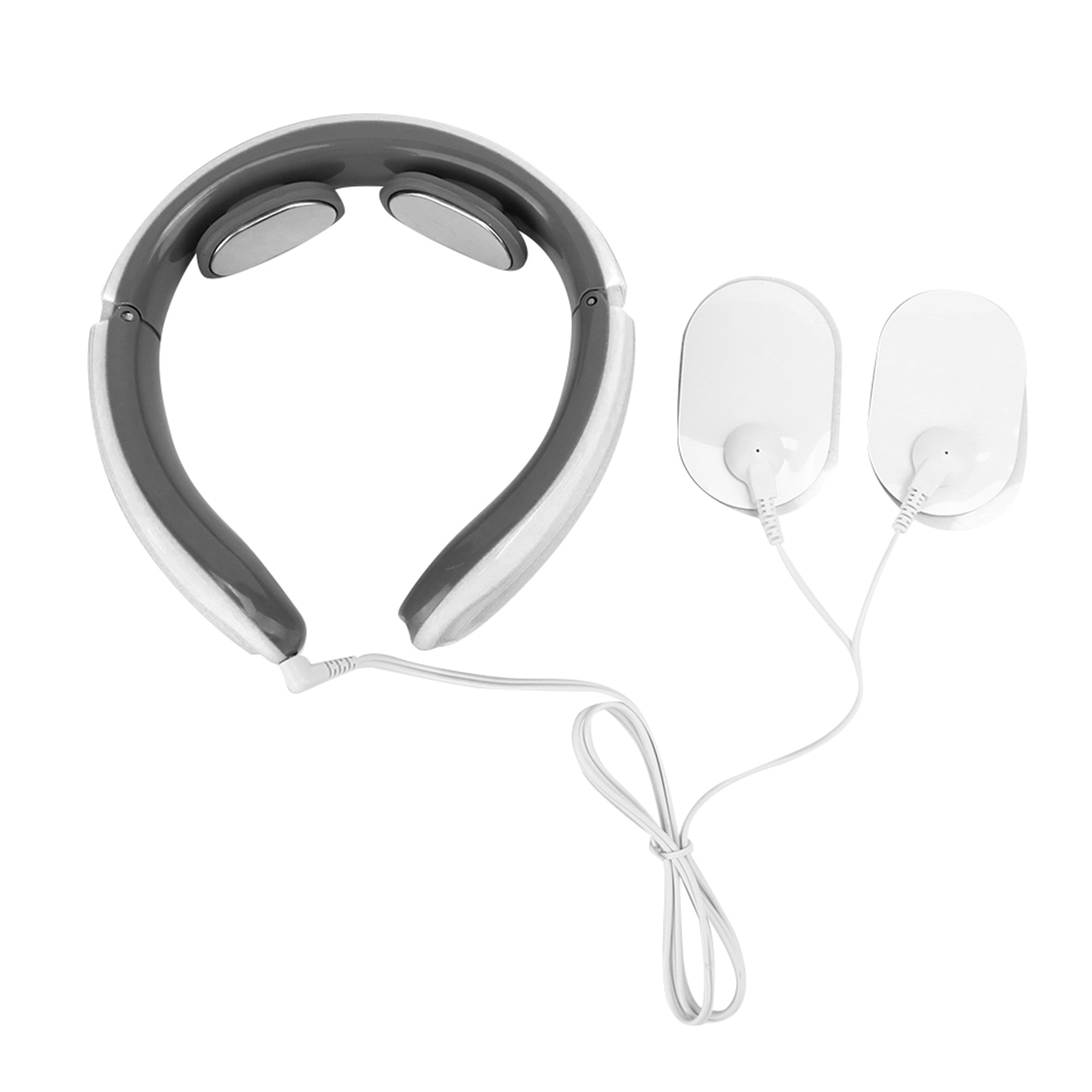 Nackenmassagegerät mit grau-weißem Design, zwei Pads mit Kabeln. Weißer Hintergrund.