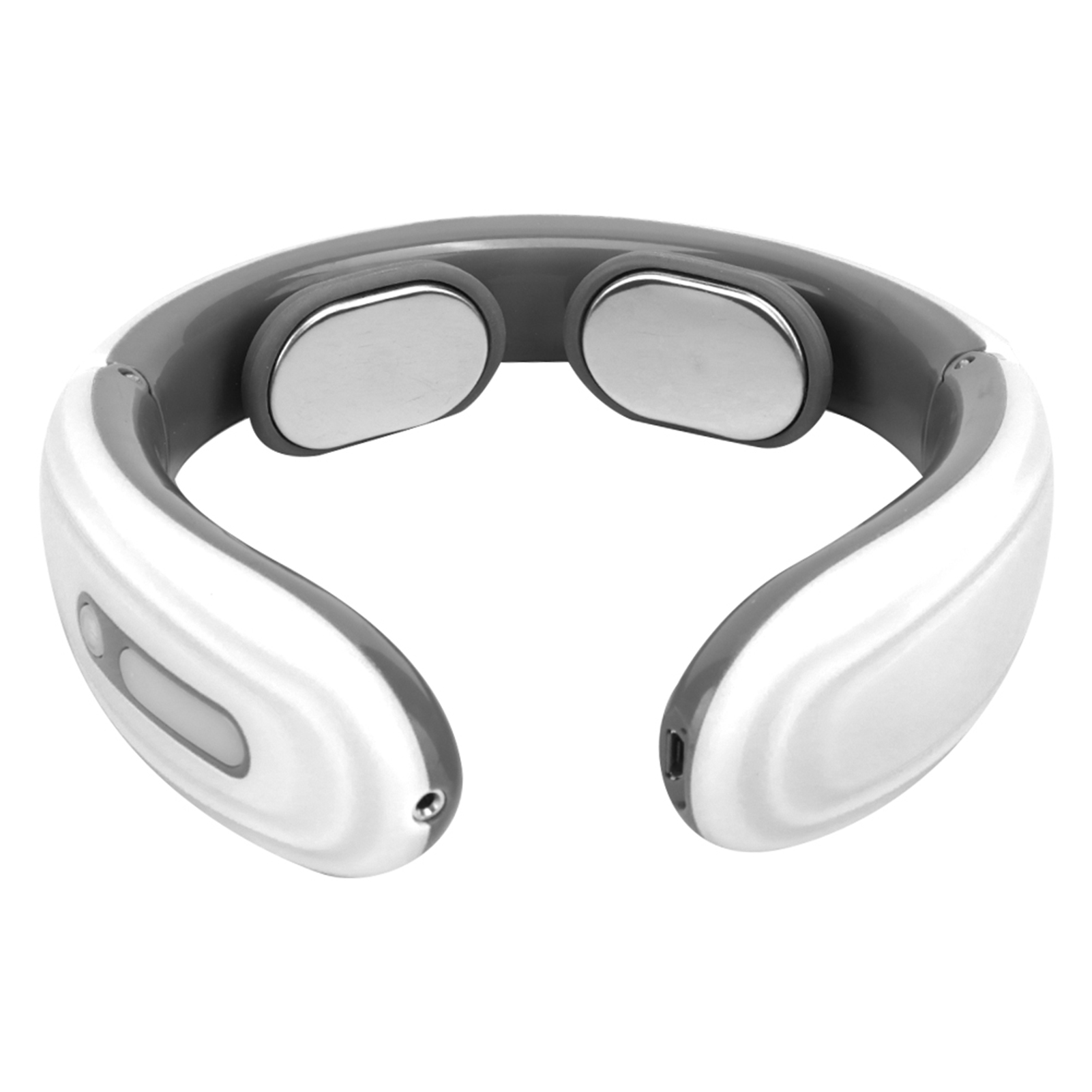 Ein weiß-graues Nackenmassagegerät mit zwei Metallpads und Bedienelementen. Es hat ein U-förmiges Design.