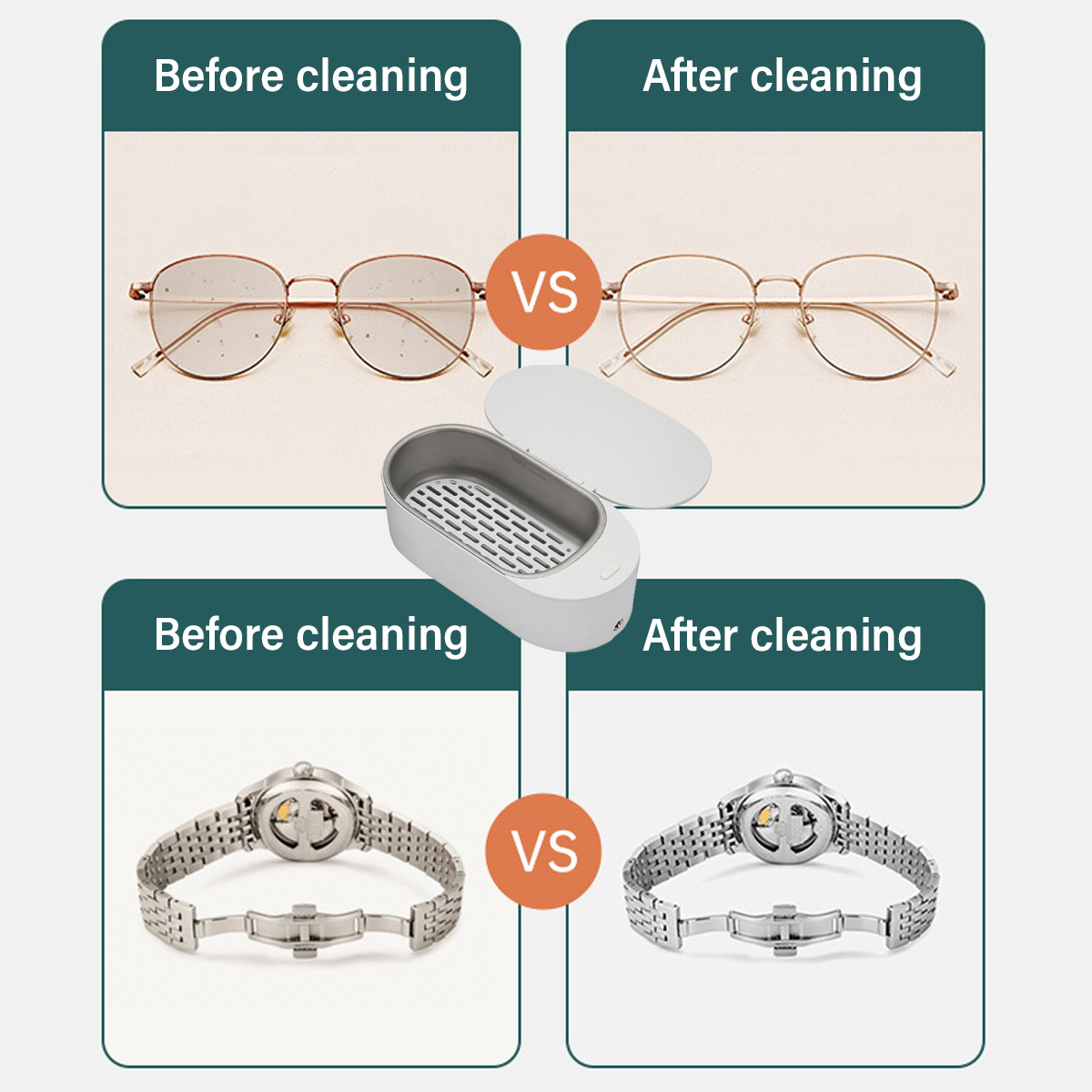 Vergleich von Gegenständen vor und nach der Reinigung: Brille und Uhr. Reiniger in der Mitte. Die 'Nachher'-Gegenstände sehen sauberer aus.