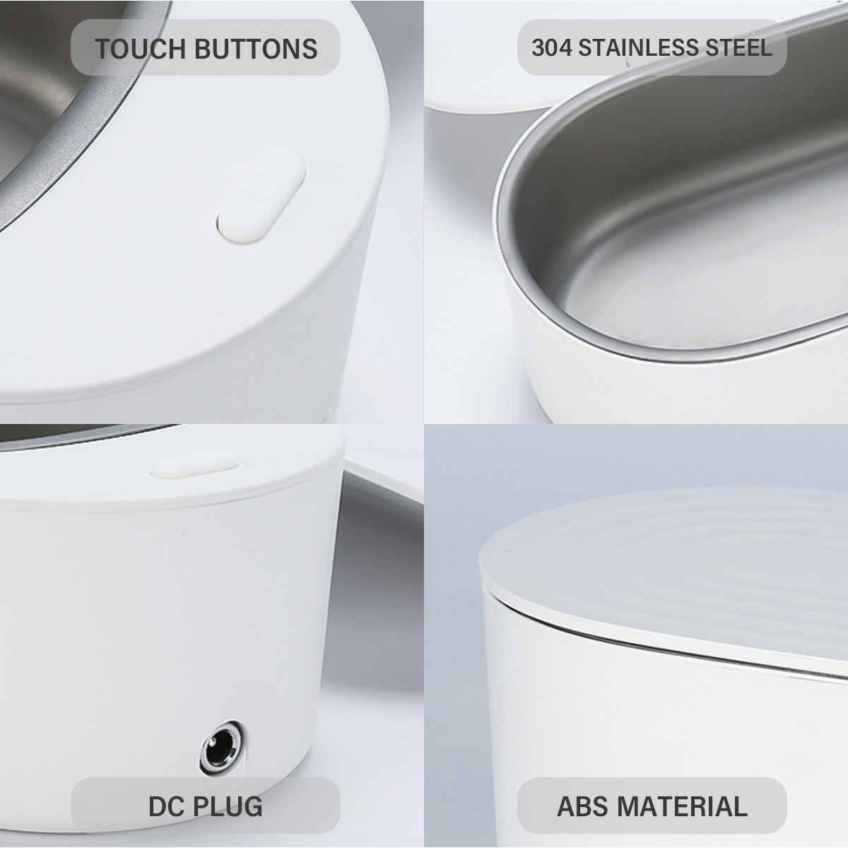 Nahaufnahmen eines weißen Geräts mit beschrifteten Abschnitten: Touch-Tasten, 304 Edelstahl, DC-Stecker und ABS-Material.
