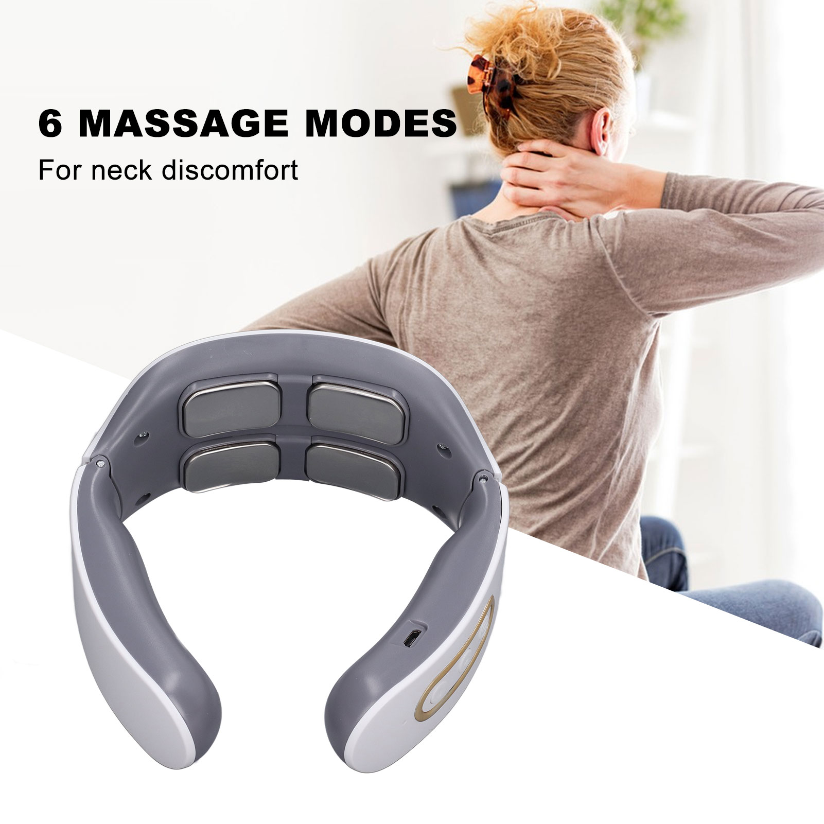 Ein Nackenmassagegerät wird gezeigt, im Hintergrund eine Frau, die ihren Nacken berührt. Text: '6 Massagemodi'.