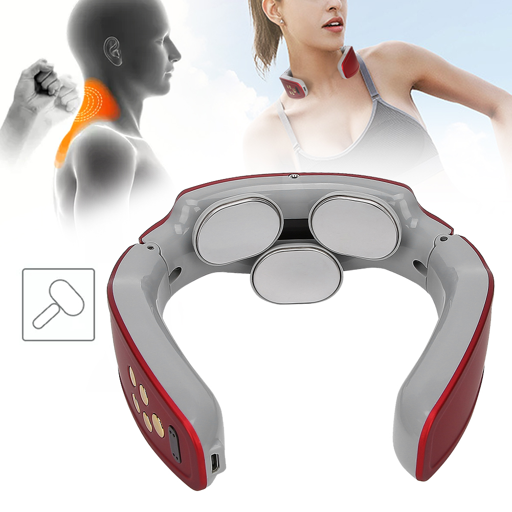 Nackenmassagegerät mit roten Akzenten. Frau mit Massagegerät um den Hals. Diagramm der Nackenschmerzen. Hammer-Symbol.
