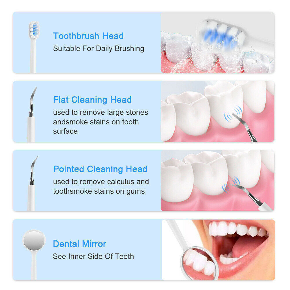 Das Bild zeigt Zahnwerkzeuge: Zahnbürstenkopf, flache und spitze Reinigungsköpfe und einen Dentalspiegel mit Beschreibungen.