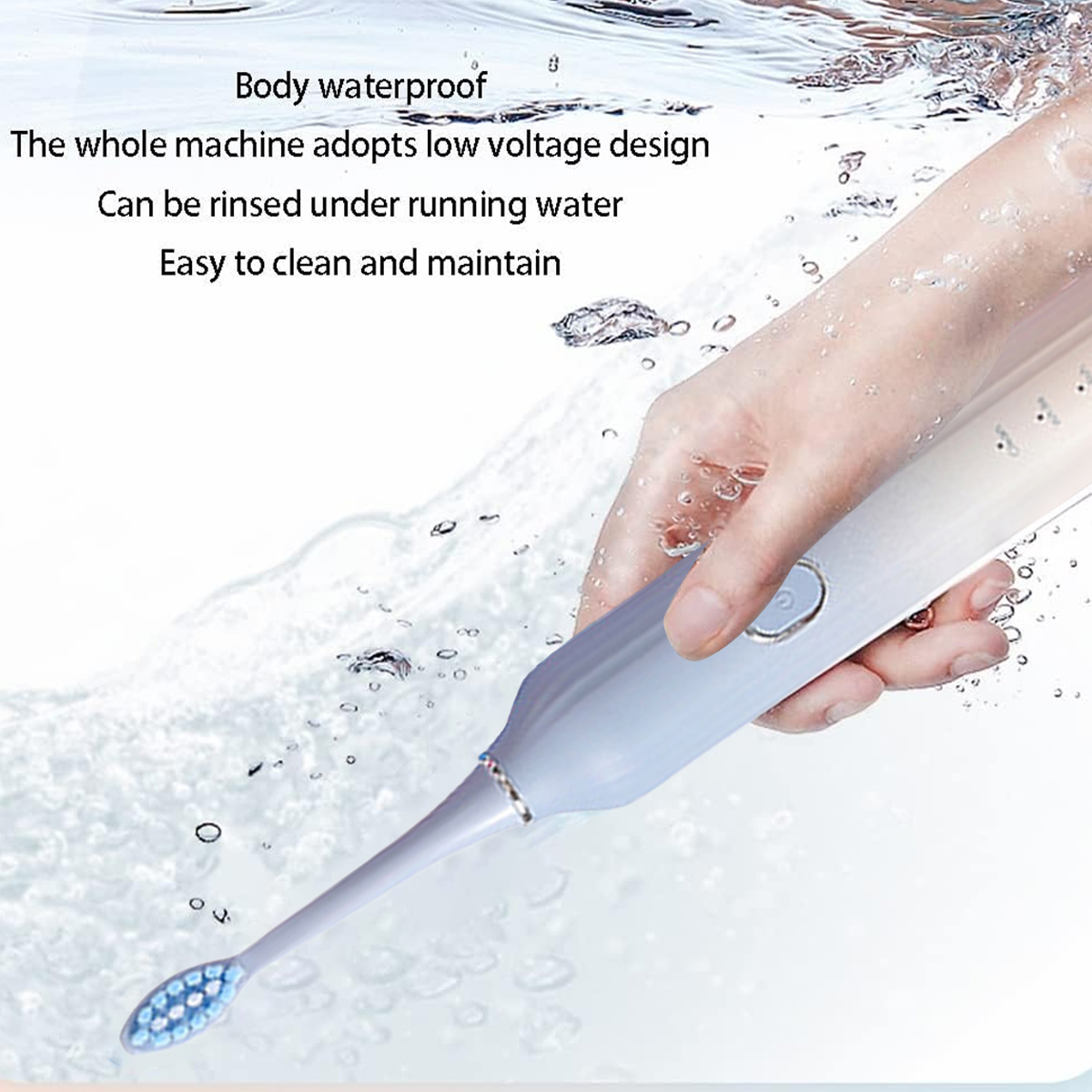 Eine Hand hält eine blaue und weiße elektrische Zahnbürste unter Wasser. Text: wasserdicht, leicht zu reinigen.