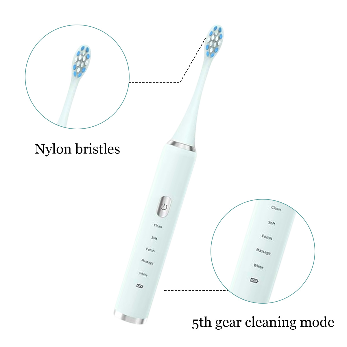Eine elektrische Zahnbürste mit Nylonborsten. Sie hat einen Einschaltknopf und 5 Reinigungsmodi. Zwei Kreise heben die Borsten und Modi hervor.