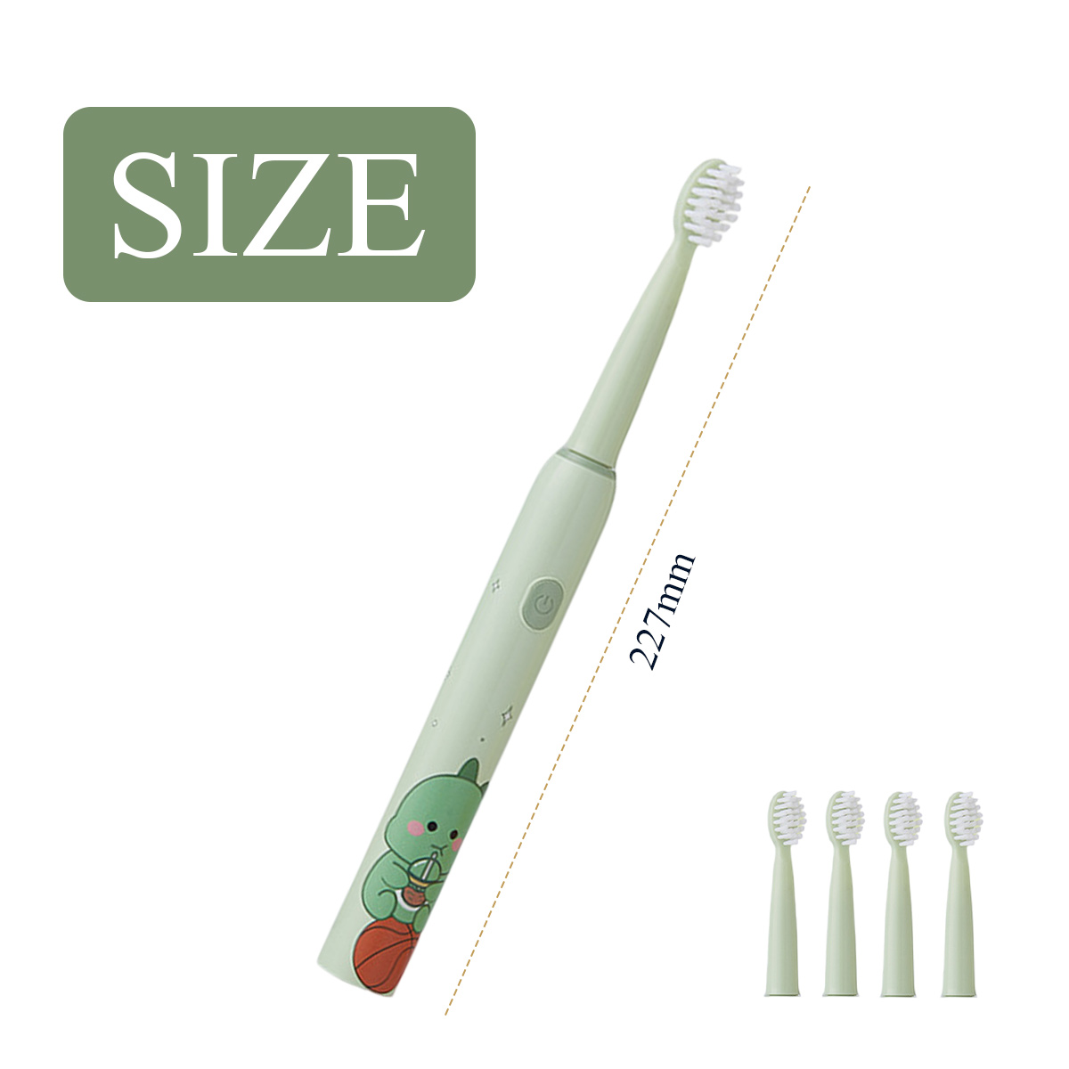 Eine grüne elektrische Zahnbürste mit Dinosaurierdesign, Ein-/Aus-Taste und Ersatzbürstenköpfen. Die Größe beträgt 227 mm.