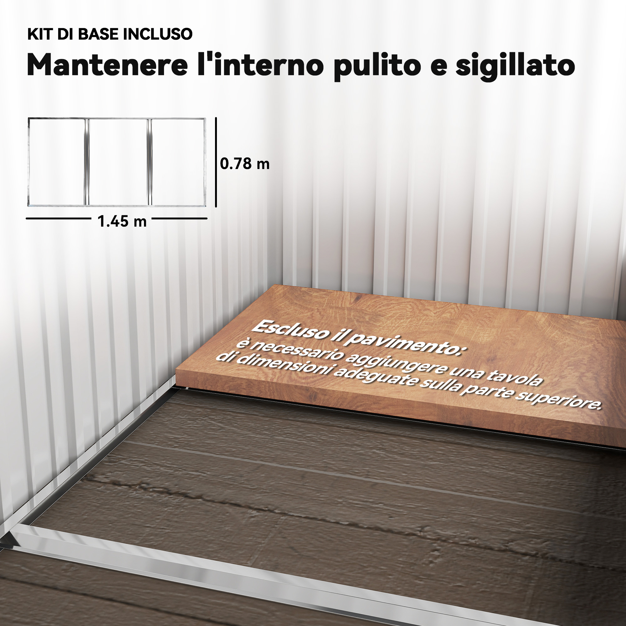 Un'immagine mostra un dettaglio della stanza con pavimento in legno, una parete bianca e un tavolo in legno con testo in italiano.