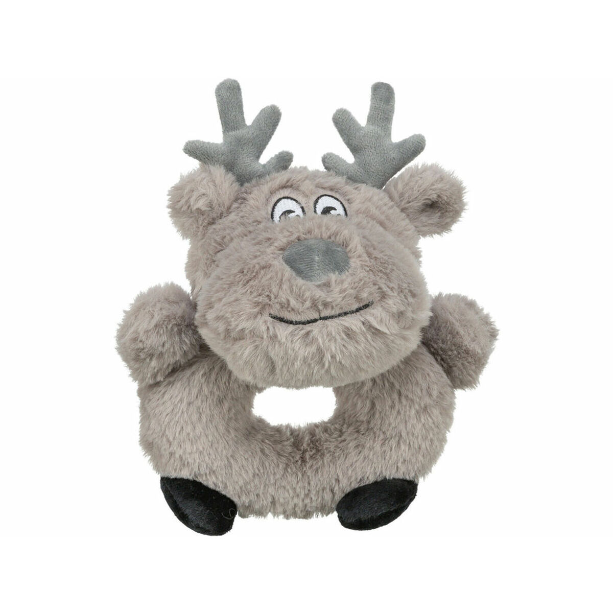Un giocattolo a forma di renna di peluche grigio con zoccoli neri, corna grigie, un viso sorridente e un corpo a forma di anello, isolato su bianco.