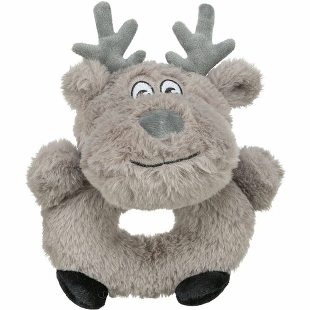 Un giocattolo di peluche a forma di renna con pelliccia grigia, corna e corpo a forma di anello. Ha piedi neri e un viso sorridente.