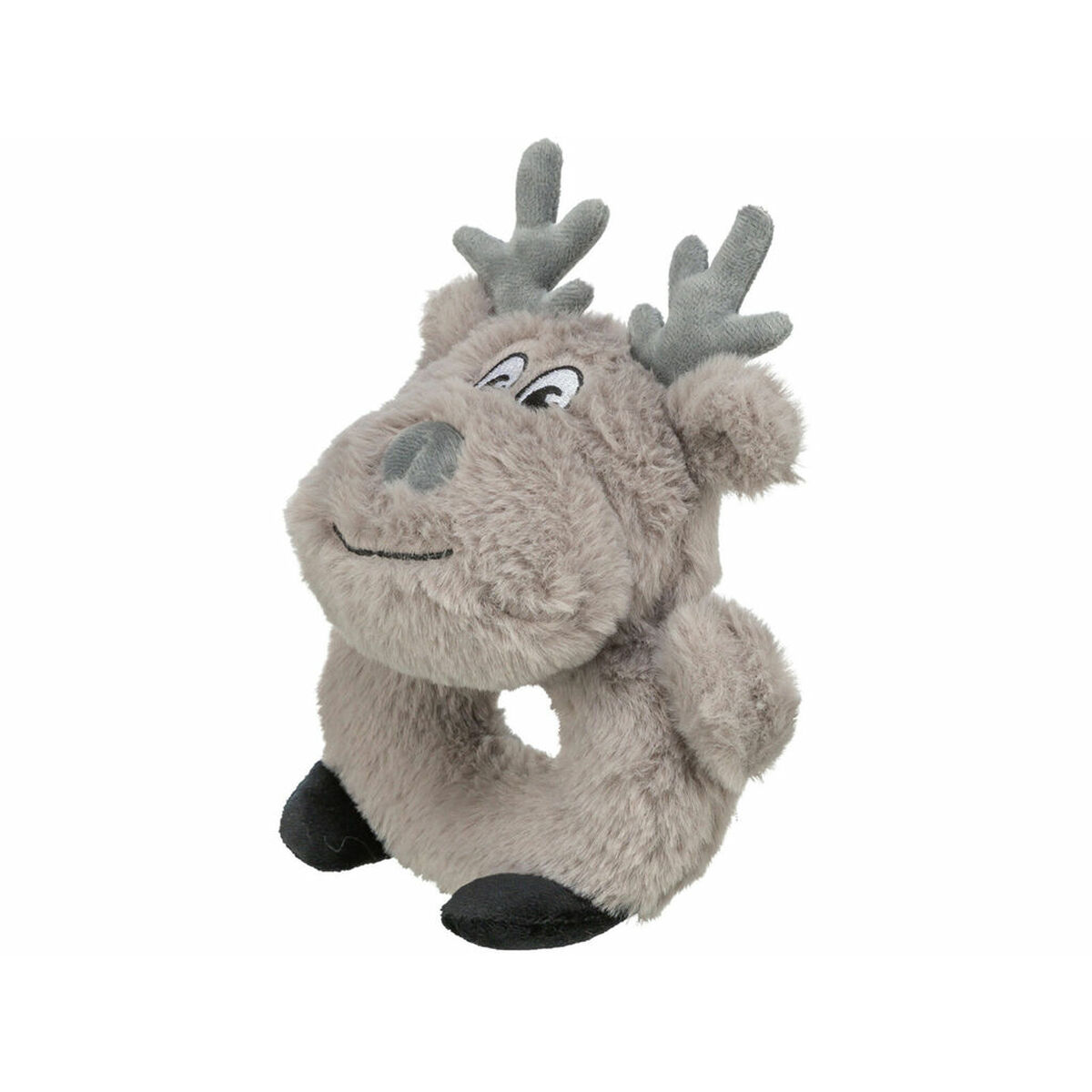 Una renna di peluche con pelliccia e corna grigie. Ha un corpo a forma di anello, piedi neri e un viso sorridente.