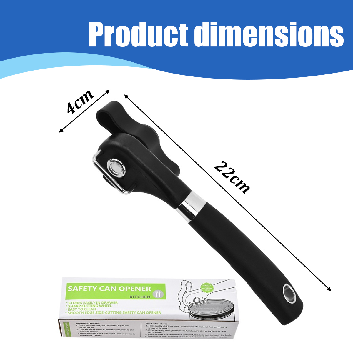 Ein schwarzer Dosenöffner mit silbernem Schneidrad. Abmessungen sind 4 cm und 22 cm. Es steht "SAFETY CAN OPENER" und "Product dimensions".