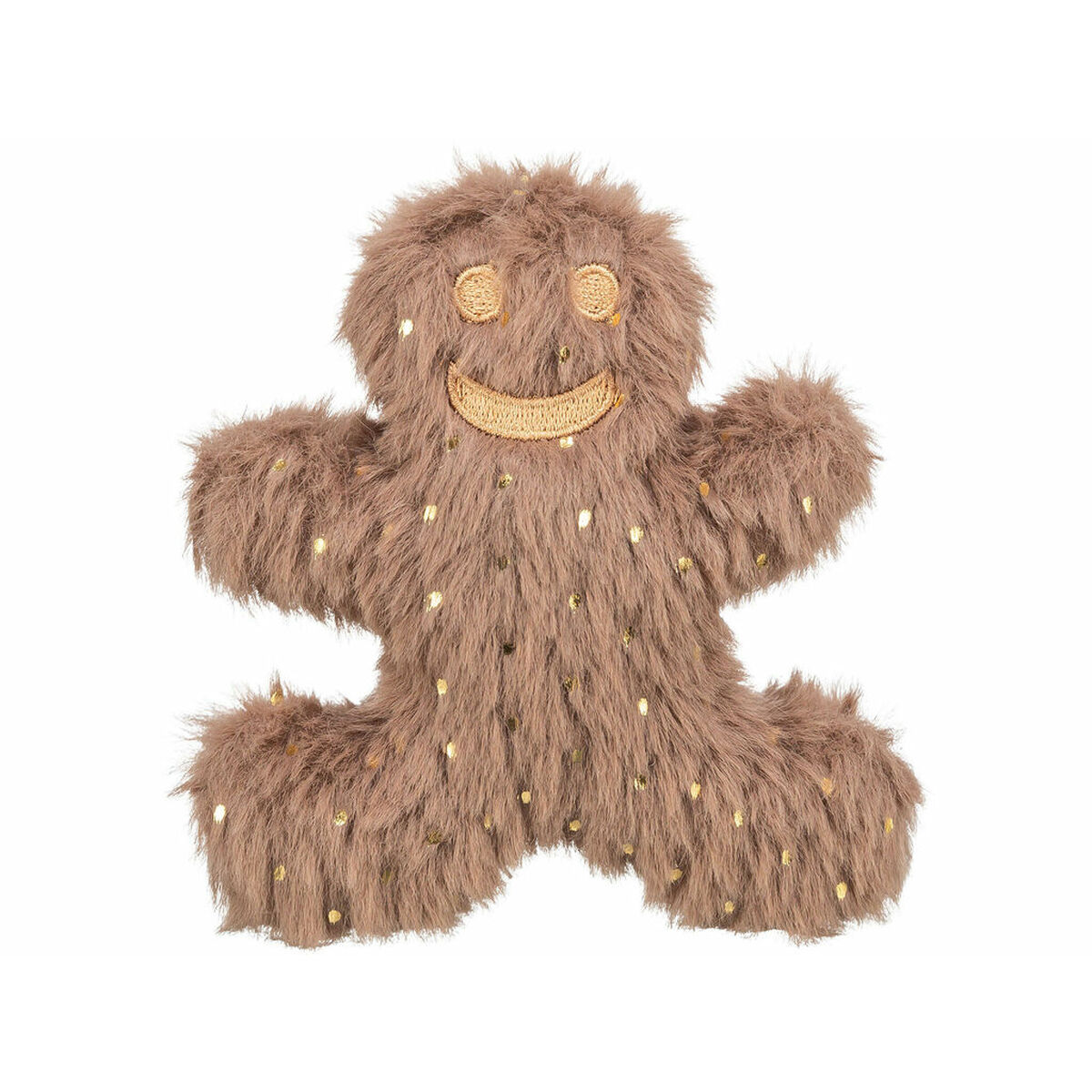 Un peluche a forma di omino di pan di zenzero marrone con paillettes dorate. Ha occhi cuciti e un sorriso.