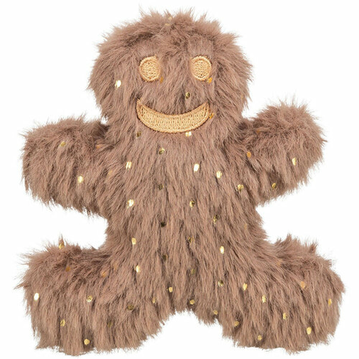 Un omino di pan di zenzero marrone e morbido con paillettes dorate. Ha occhi ricamati e una bocca sorridente.