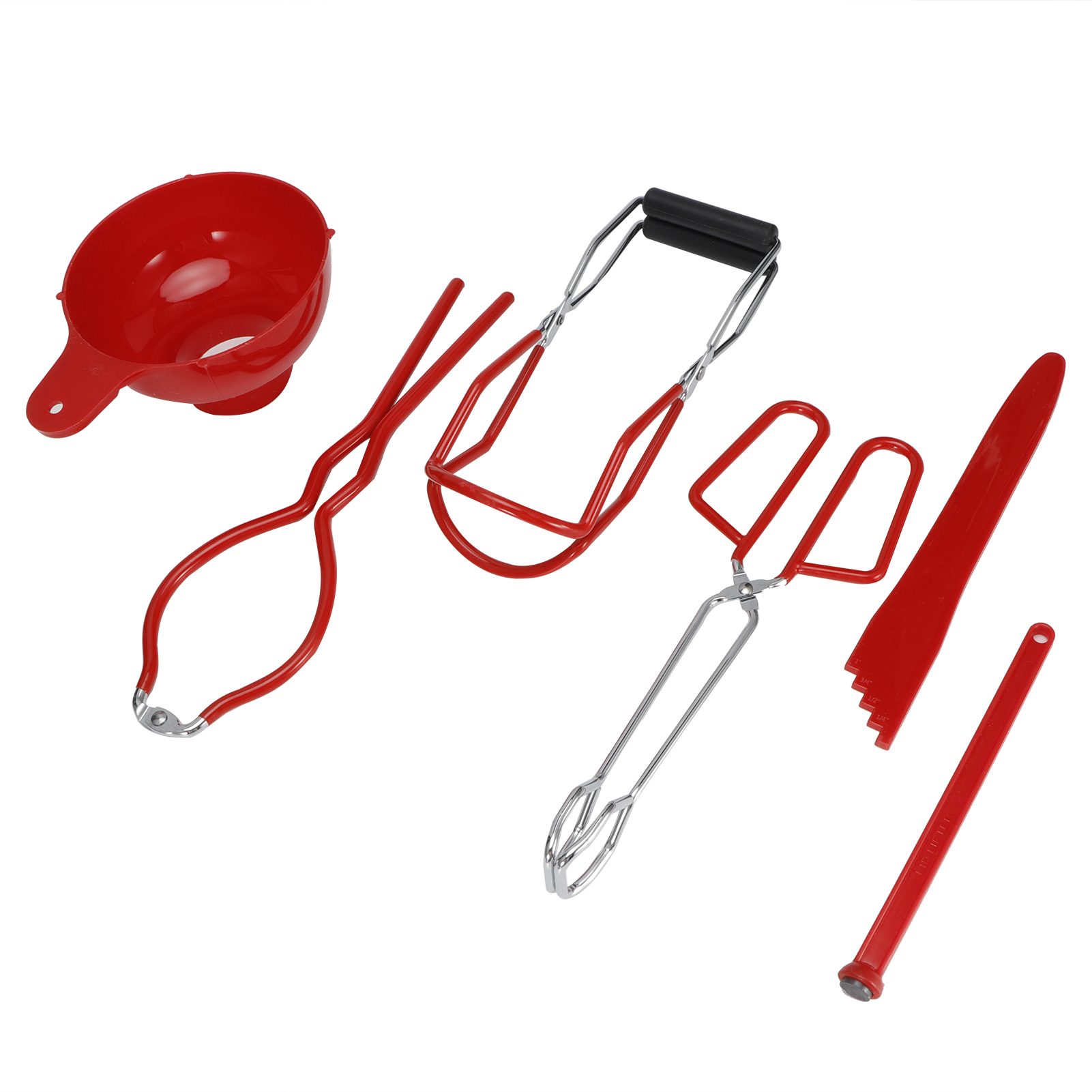 Set roter Einmachwerkzeuge: Trichter, Zangen, Gläserheber, Blasenentferner und Messwerkzeug. Weißer Hintergrund.