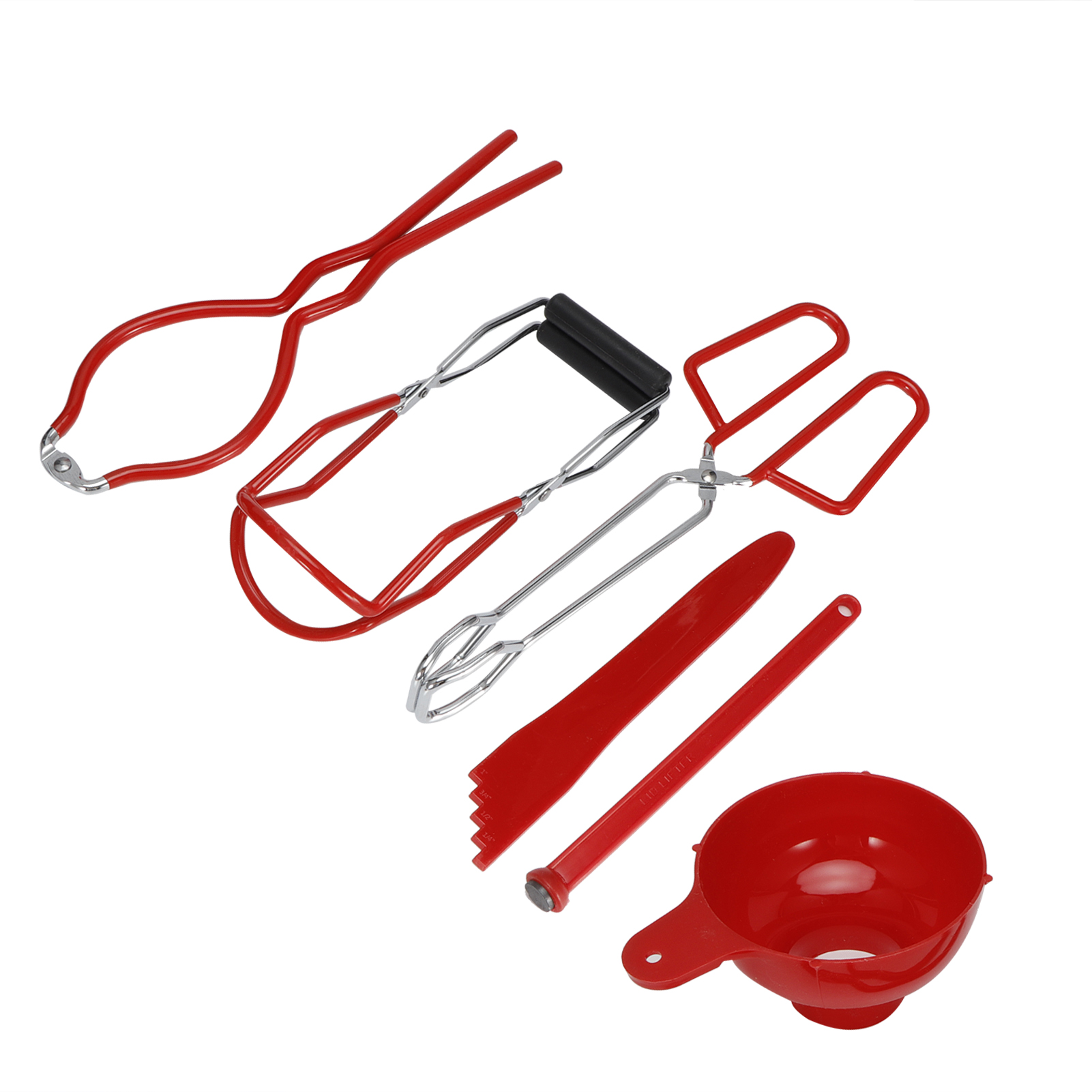 Set roter Einmachwerkzeuge: Gläserheber, Zangen, Spatel, Trichter und ein kleineres Werkzeug, alles auf weißem Grund.