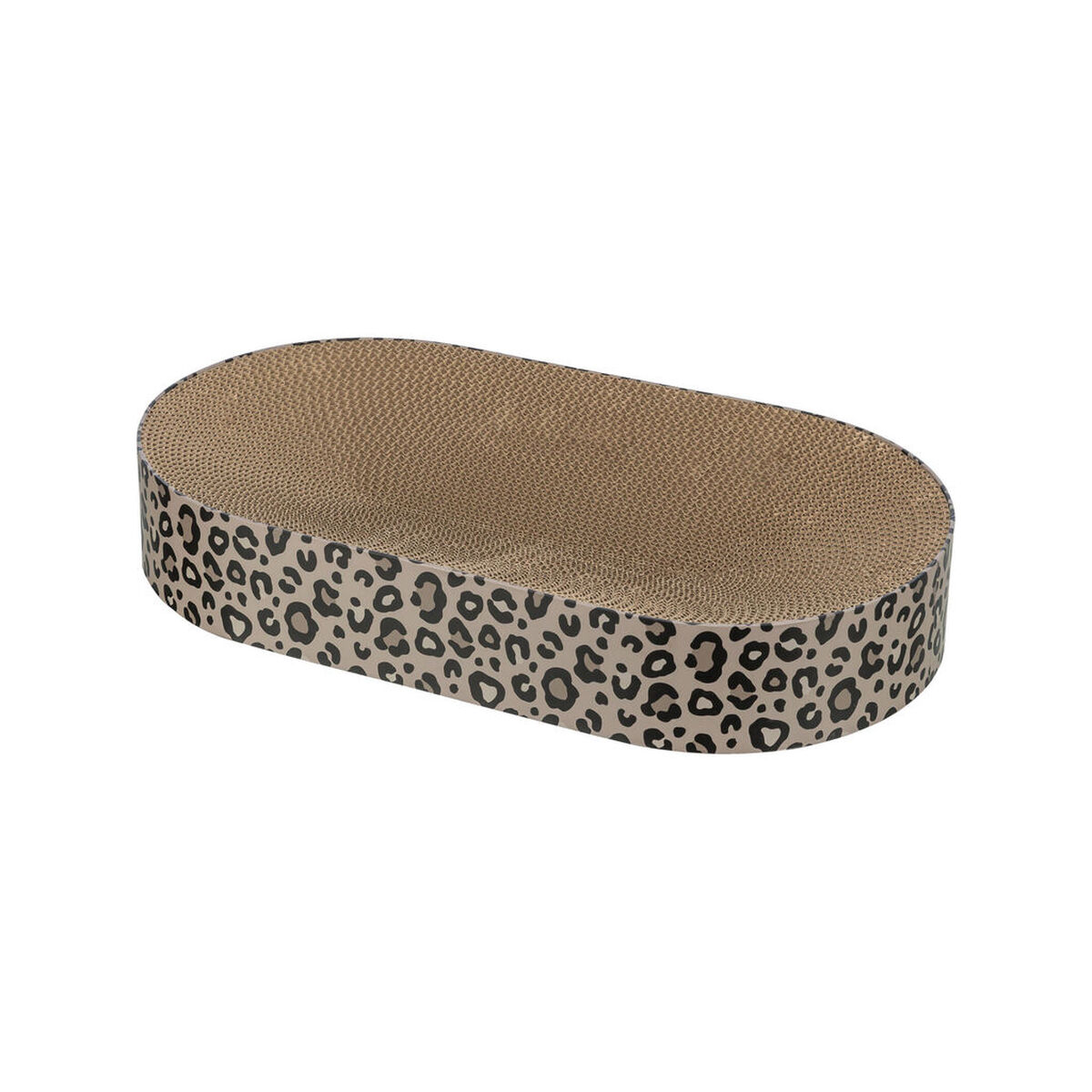 Ein ovaler Katzenschaber. Er hat eine Oberseite aus Wellpappe und Seiten, die mit schwarzen Leopardenflecken auf beigem Hintergrund verziert sind.