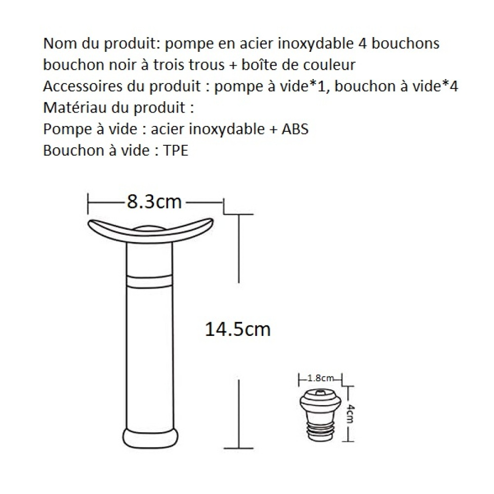 Diagramm einer Vakuumpumpe und eines Stöpsels, mit Maßangaben. Französischer Text beschreibt Produktname, Zubehör und Materialien.