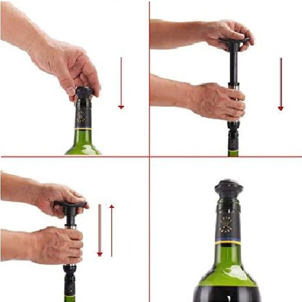 Schritte zum Verschließen einer Weinflasche mit einer Pumpe. Hände werden in verschiedenen Phasen des Prozesses gezeigt, die die Pumpe verwenden, um die Flasche zu verschließen.